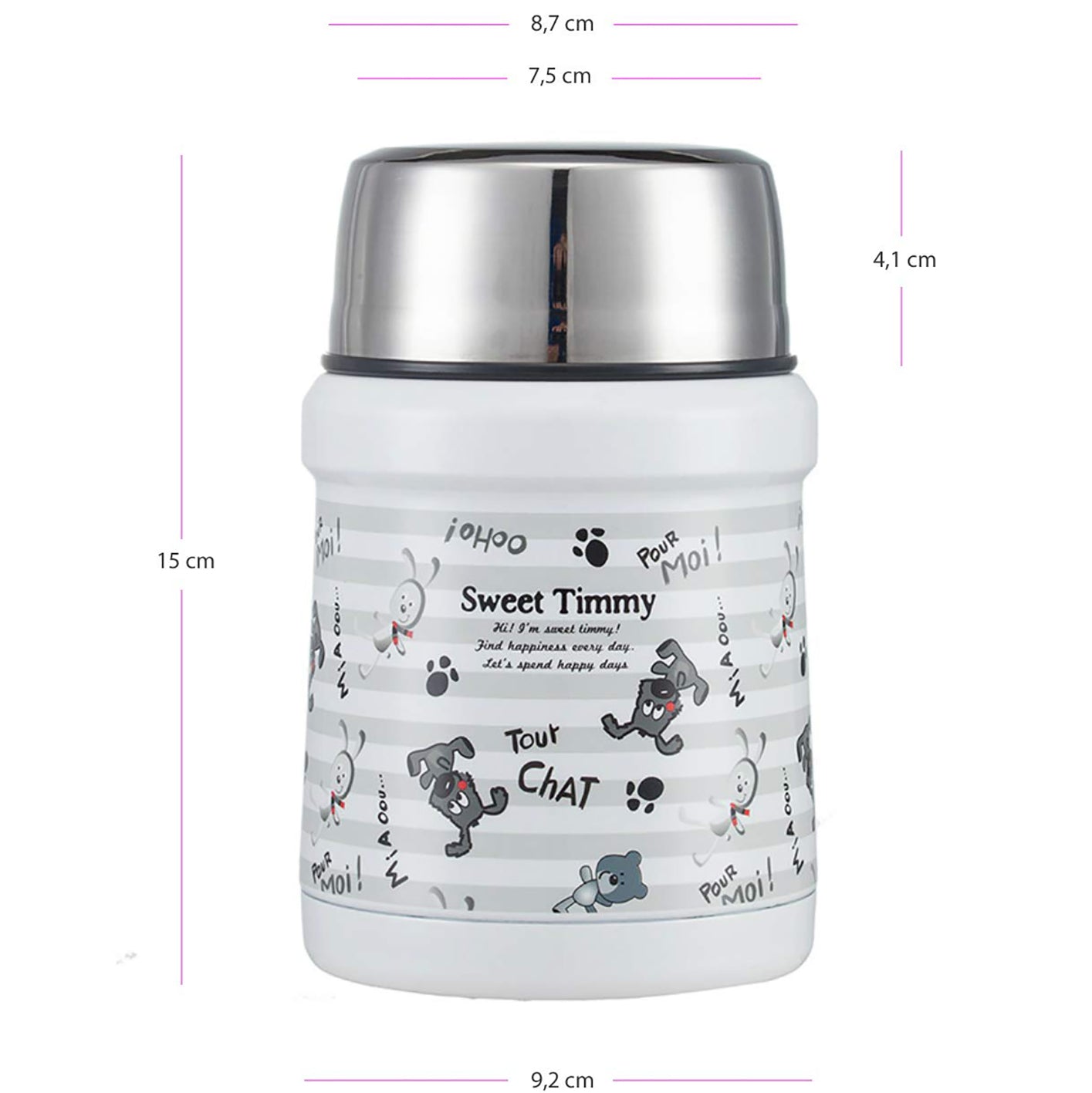 Thermobehälter - 450 ml - Edelstahl - Hunde/Grau mit doppelwandiger Isolierung, auslaufsicher, ideal für warme und kalte Speisen.