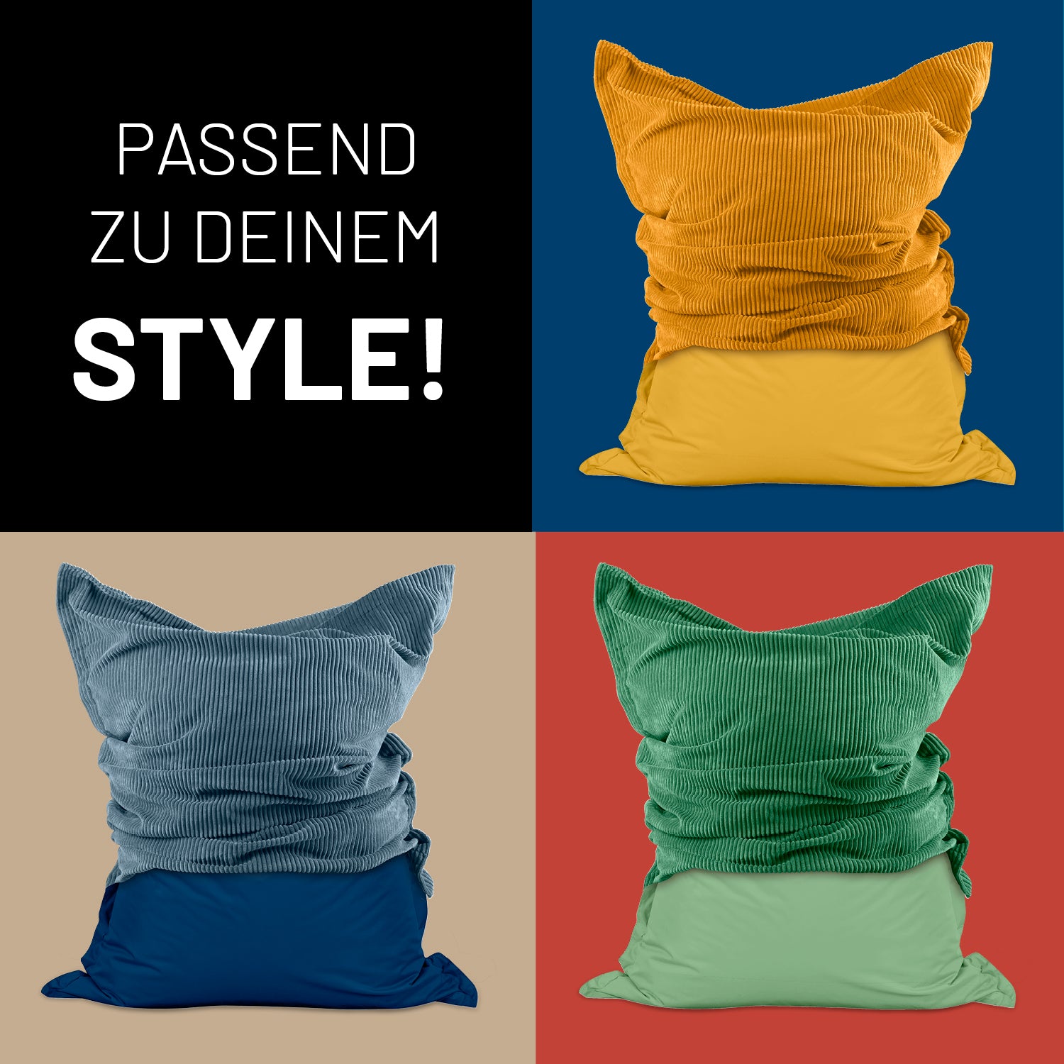 Sitzsack Classic XXL All-in-One Set - 380 L - 140 x 180 cm - Beige mit wechselbaren Bezügen in verschiedenen Farben und Stilen.
