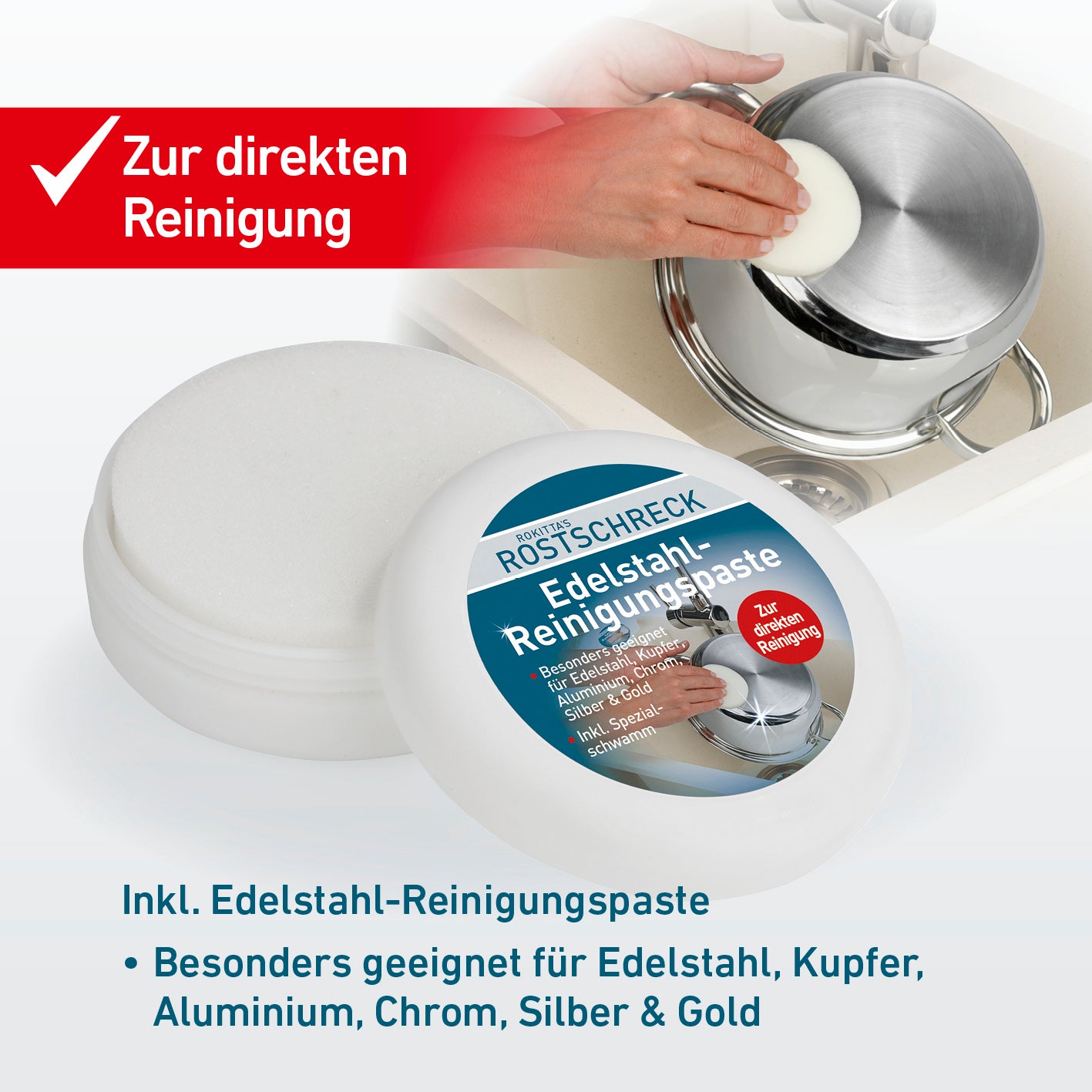 Rostschreck & Edelstahlreiniger Set 2-tlg. mit Reinigungs-Paste für Edelstahl, Kupfer, Aluminium und Silber zur direkten Reinigung.