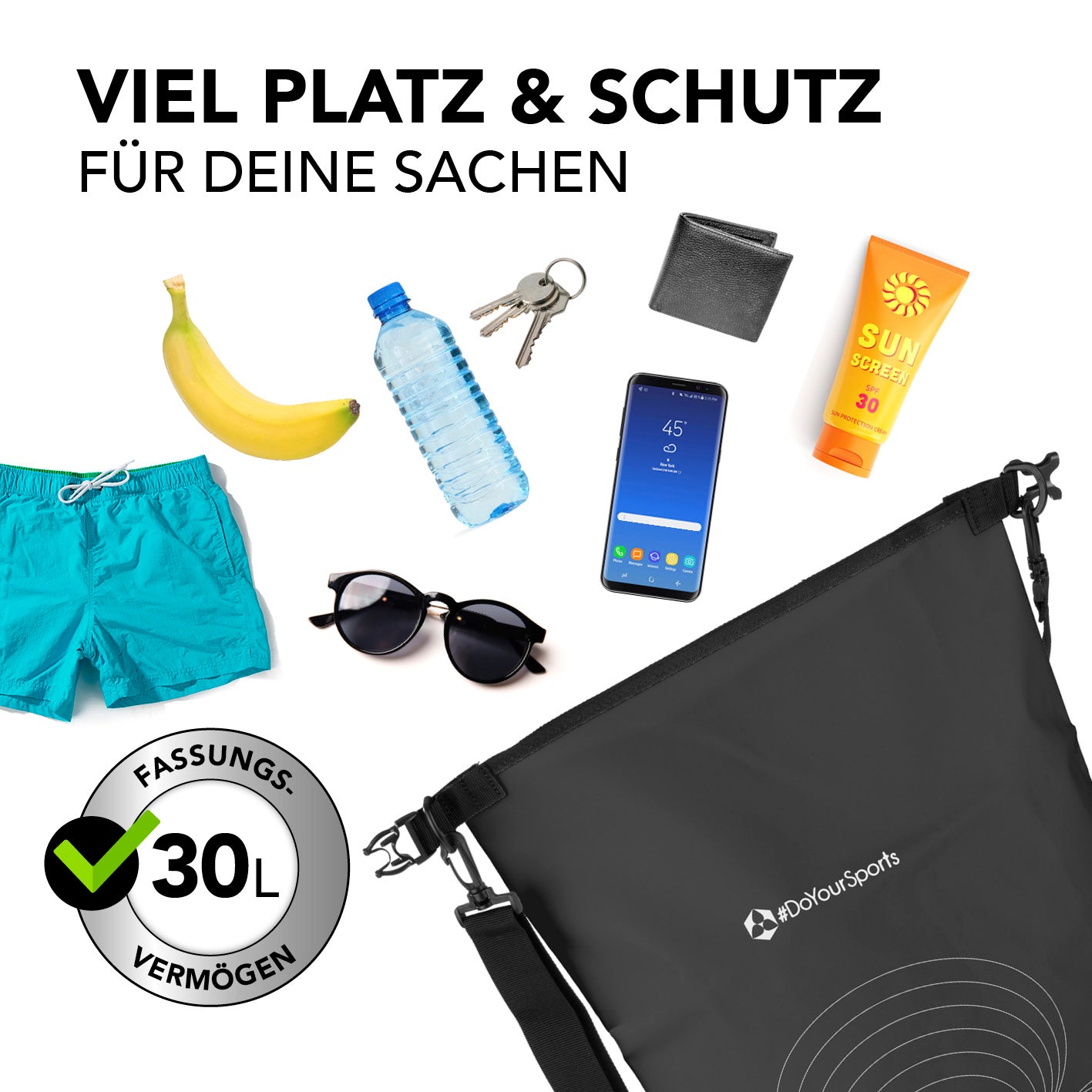 Dry Bag 30L - Schwarz mit großem Fassungsvermögen, wasserfest und robust für Outdoor-Abenteuer und sicheren Schutz deiner Wertsachen.