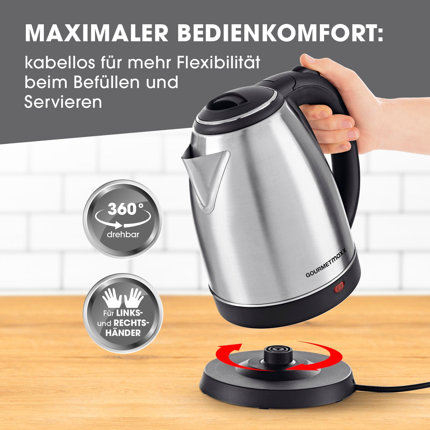 Wasserkocher - 1,8l - Edelstahl kabellos mit 360°-Basis, geeignet für Links- und Rechtshänder, mattierter Edelstahl, 1,8 Liter Fassungsvermögen.