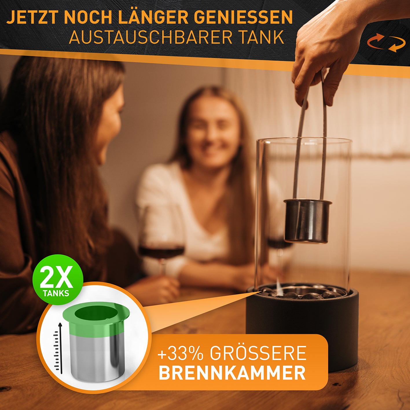 Indoor-Tischkamin - Schwarz mit austauschbarem Tank und größerer Brennkammer für gemütliche Wärme und flexible Nutzung im modernen Zuhause.