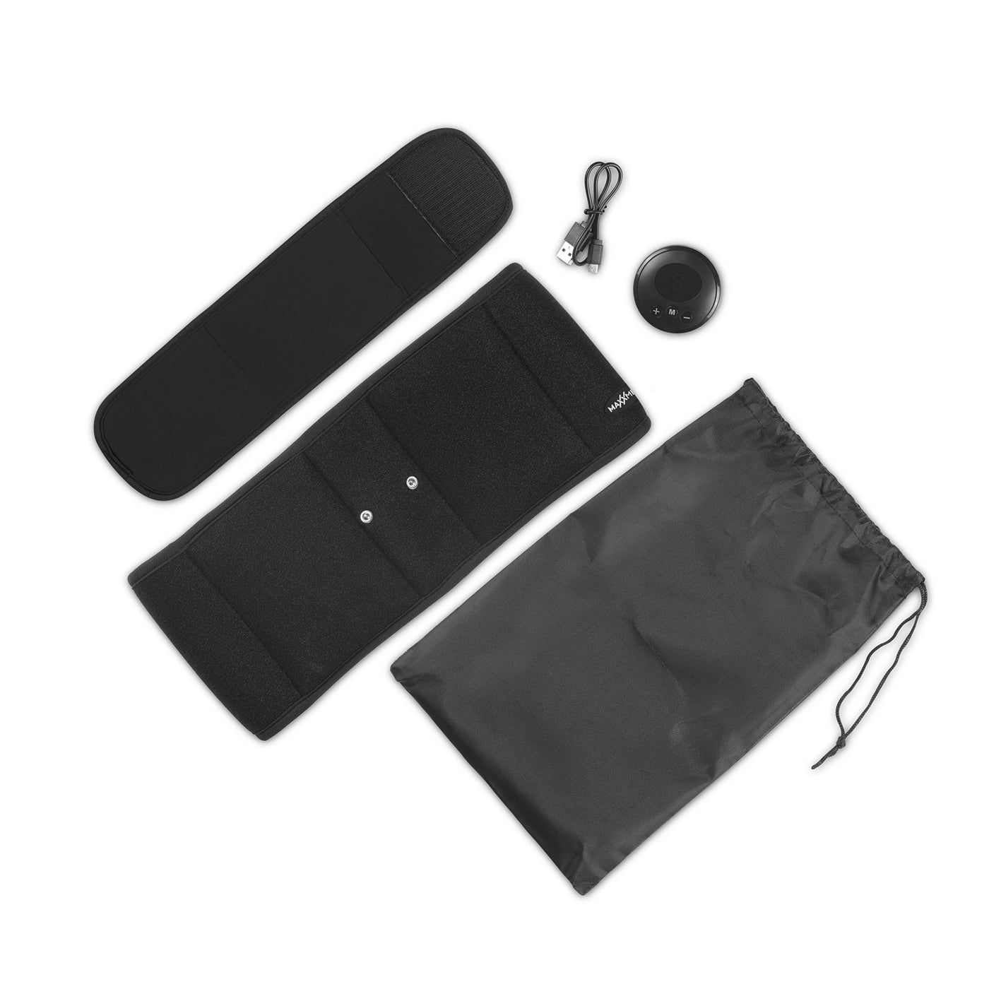 Bauchmuskelgürtel EMS - 6 Programmen, 9 Intensitätsstufen, unisize, schwarz mit Silikon-Elektroden und USB-Ladekabel.