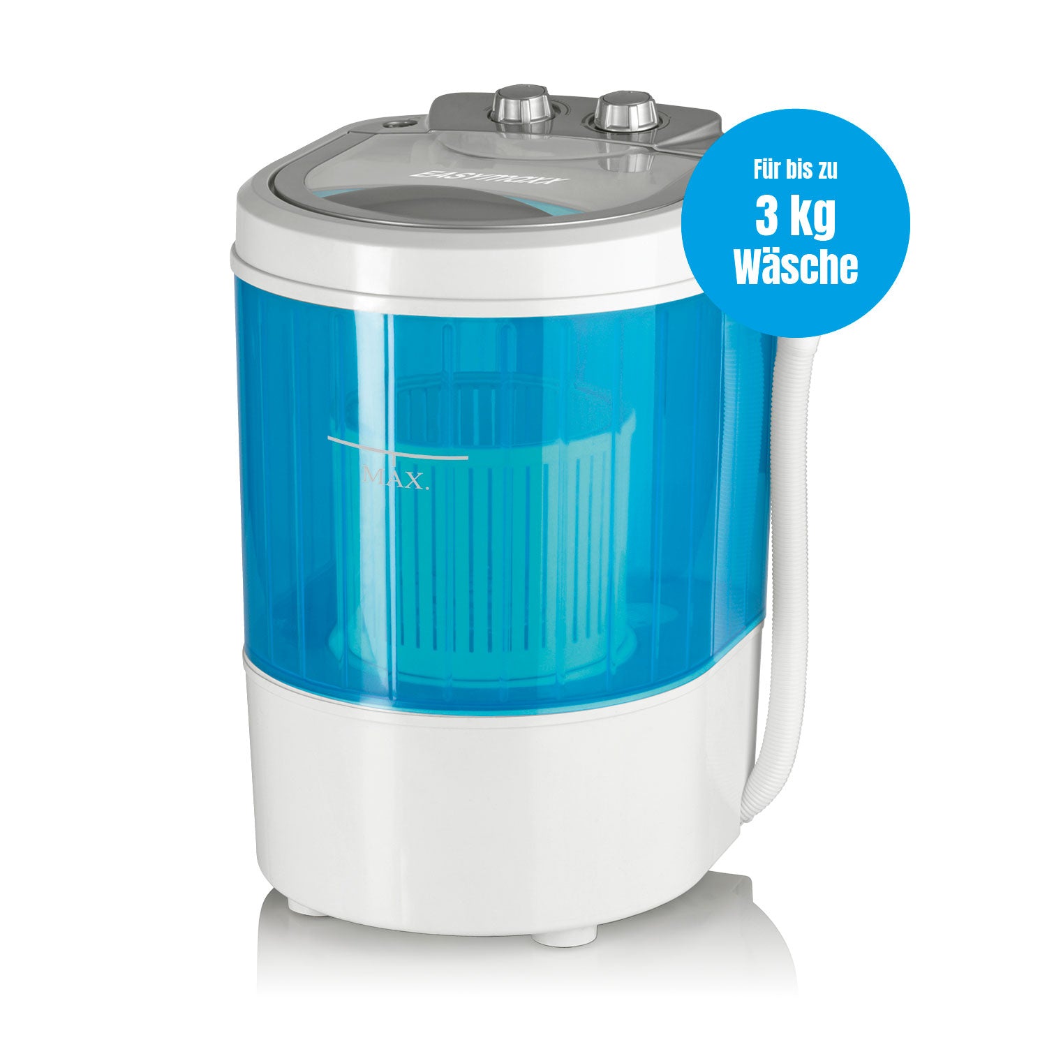 Mini-Waschmaschine - 260 Watt - weiß/blau, kompakt, ideal für Reisen und Camping, bis zu 3 kg Wäsche, mit Schlauch zum leichten Entleeren.