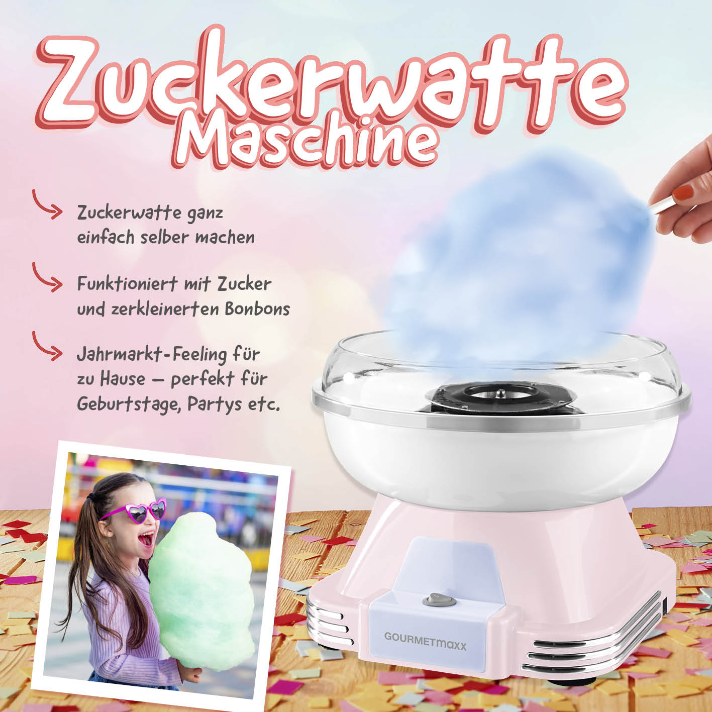 Zuckerwatte-Maschine - rosa im Retro-Stil mit abnehmbarer Schüssel und Spritzschutz für bunte Zuckerwatte zu Hause.