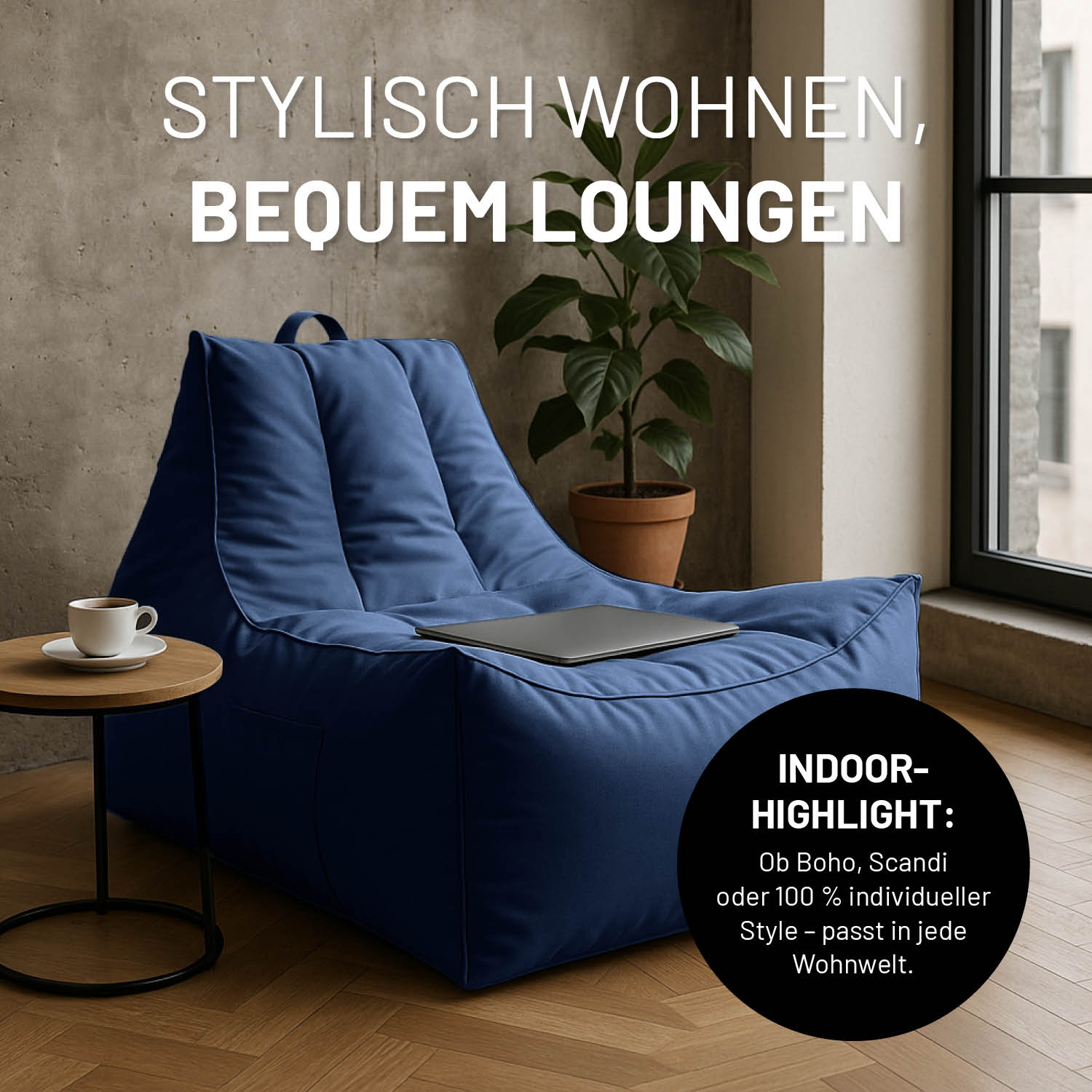 Premium Lounge-Sessel - 380 L - 100 x 100 x 80 cm - Navyblau, komfortabler Loungesessel für drinnen und draußen mit Trageschlaufe und Getränkehalter.