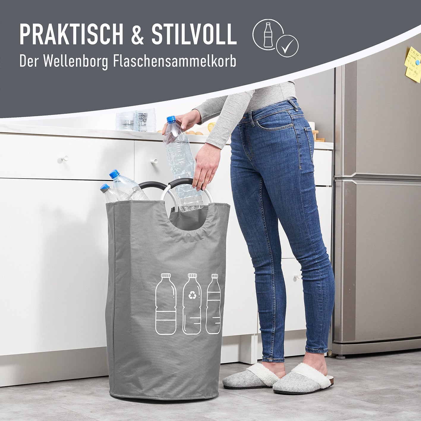 Faltbarer Pfandflaschen Sammelbehälter - Grau, 82 Liter, wasserabweisend, mit robusten Henkeln, ideal für Flaschen und Dosen.