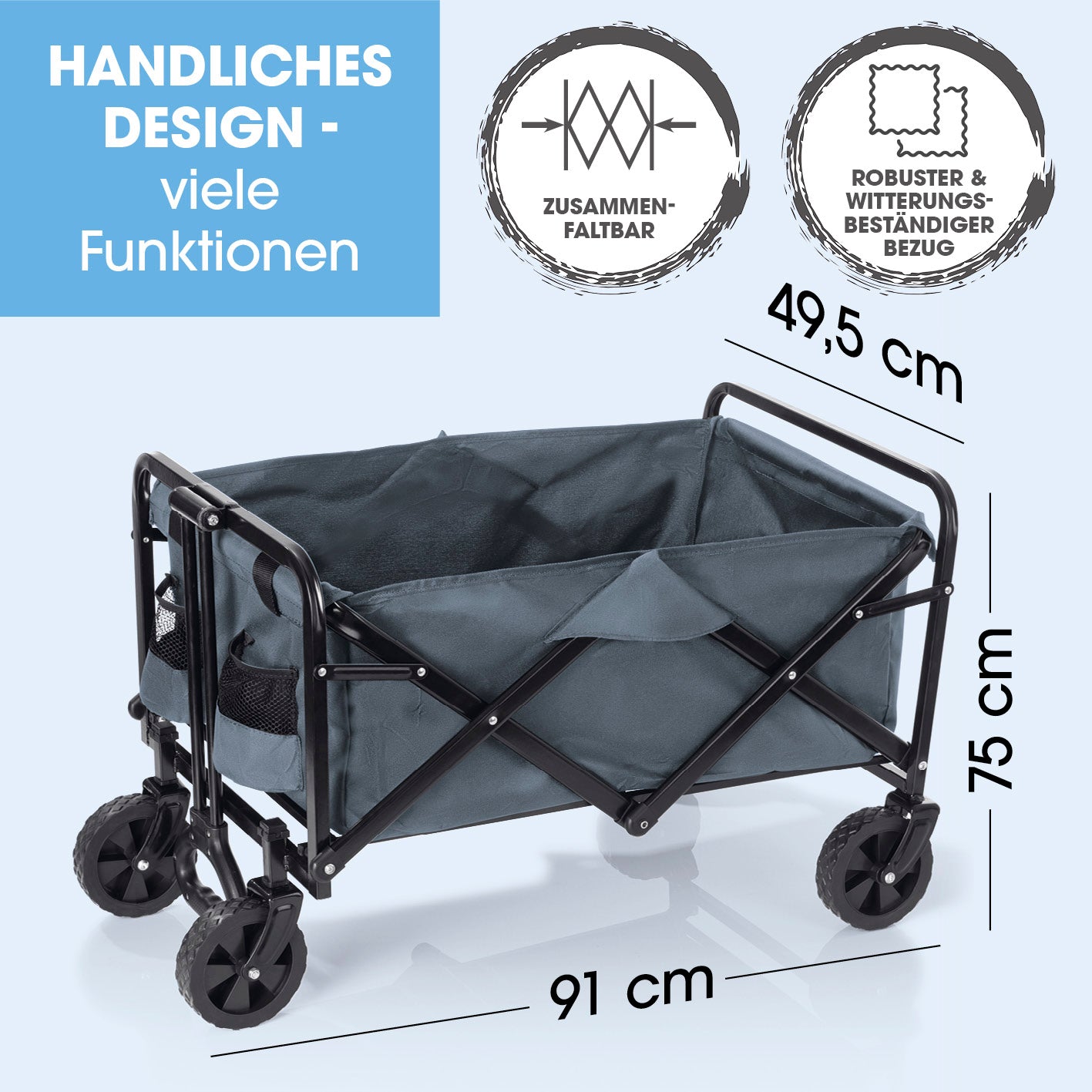 Klapp-Bollerwagen faltbar mit robustem Stahlrahmen, witterungsbeständigem Bezug und 360°-Lenkrollen, ideal für vielseitigen Transport.