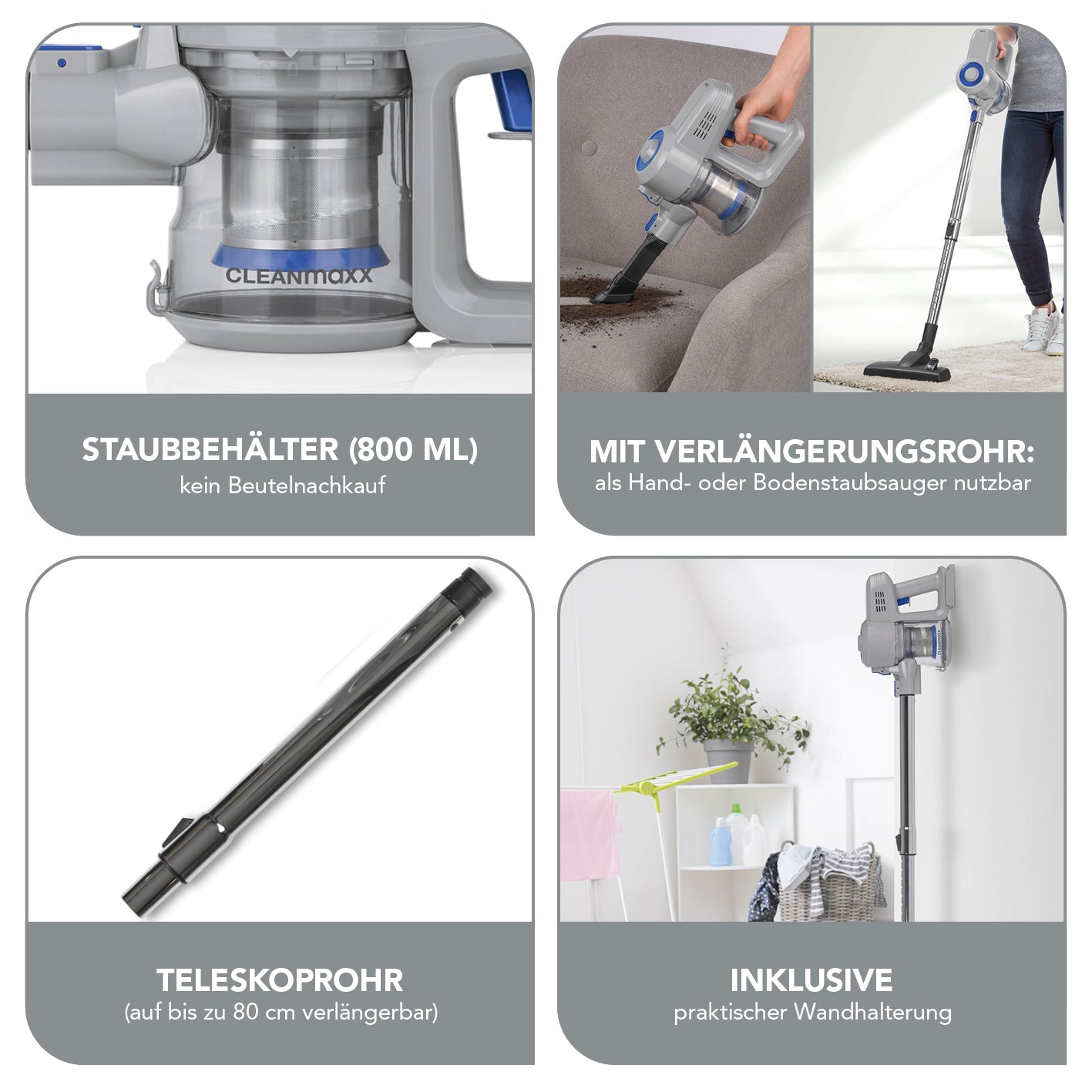Akku-Zyklon-Staubsauger - hellgrau/blau mit 22,2 V Akku, beutelloser Zyklontechnologie, Teleskoprohr und praktischem Zubehör.