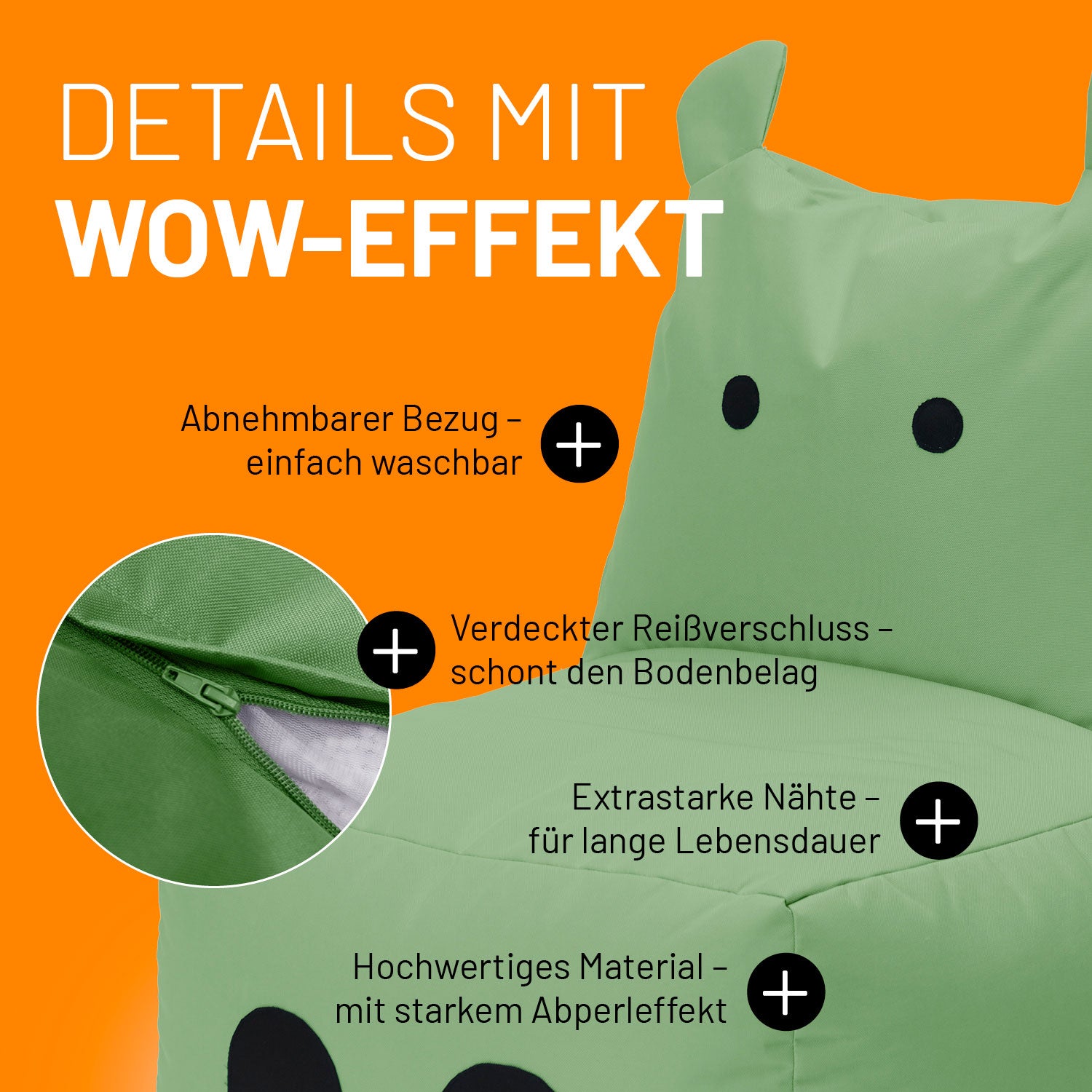 Kindersitzsack Animal Line Hippo (200 L) in Pastell Grün mit abnehmbarem Bezug, verdecktem Reißverschluss und wasserabweisendem Material.