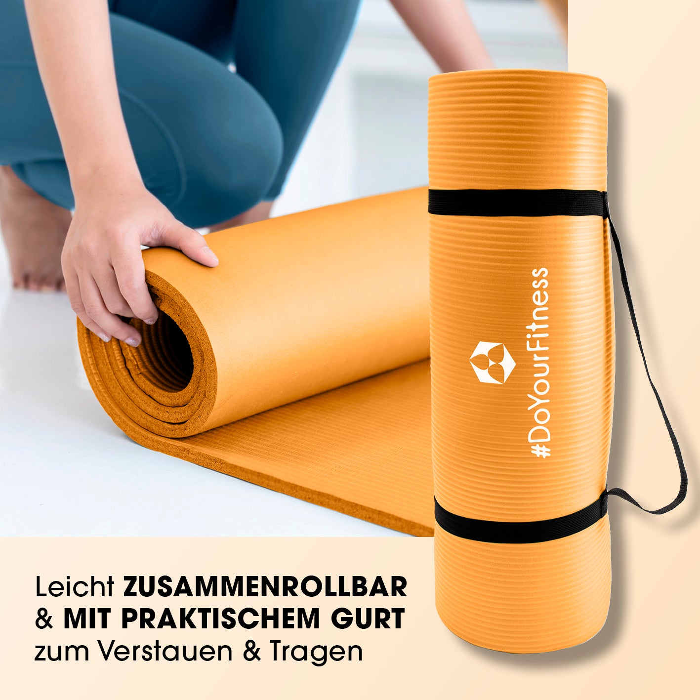 Fitness- und Gymnastikmatte - 190 x 100 x 1 cm - Orange, leicht zusammenrollbar mit praktischem Tragegurt für Yoga und Gymnastik.