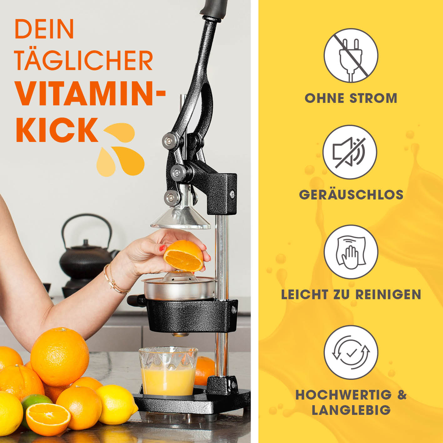 Set Saftpresse & Orangenspender - Schwarz/Silber manuelle Presse mit Orangenspender für geräuschloses und müheloses Entsaften ohne Strom.