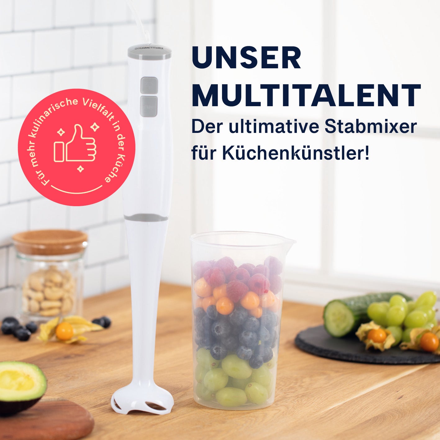Stabmixer mit Messbecher - weiß/grau mit Edelstahlklinge und 700-ml-Mixbecher ideal zum Pürieren und Zerkleinern.