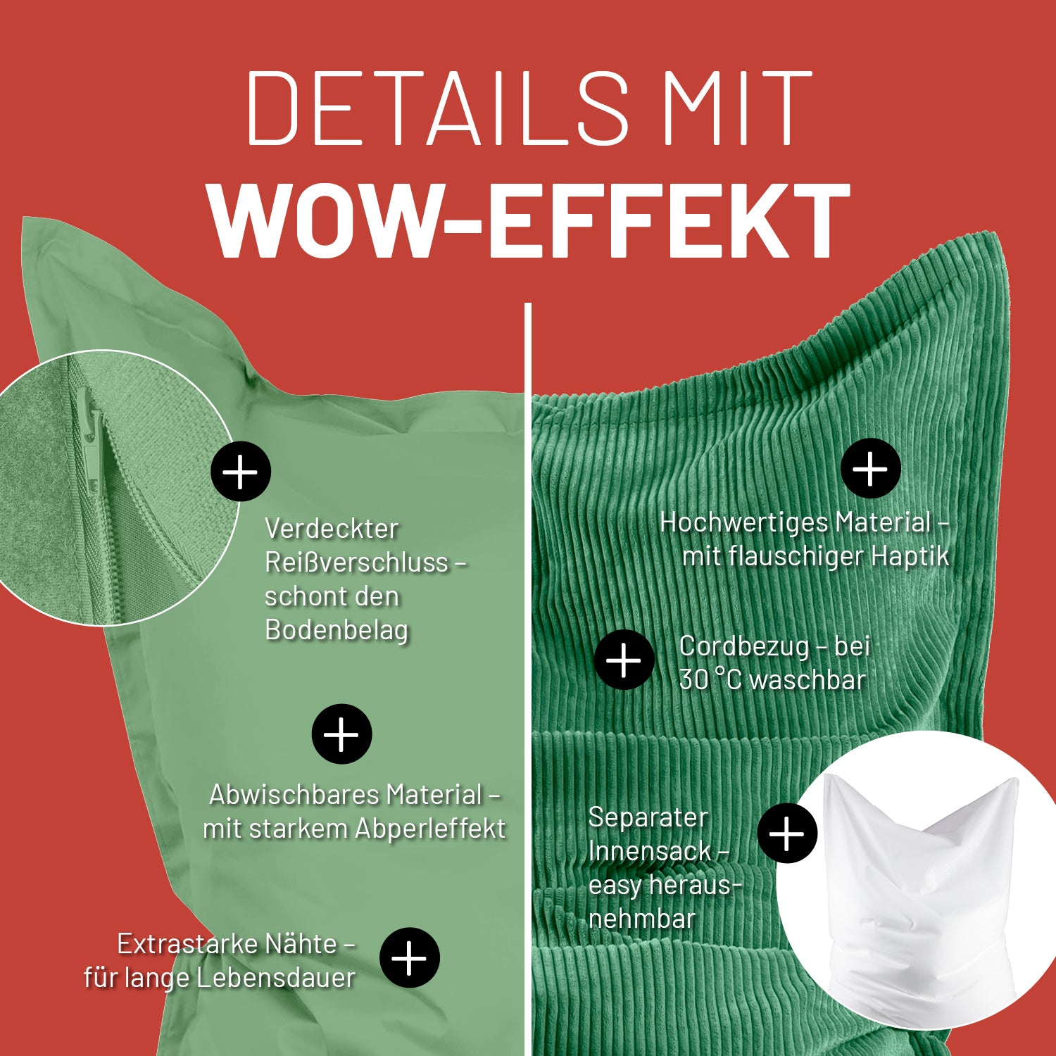 Sitzsack Classic XXL All-in-One Set - 380 L - 140 x 180 cm - Pastellgrün mit abwaschbarem Material und waschbarem Cordbezug