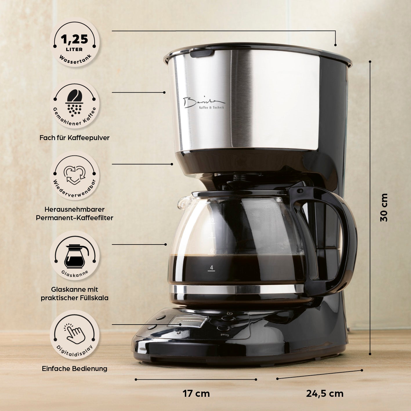 Filterkaffeemaschine mit 1,25-l Wassertank, Digitaldisplay, Timerfunktion, Glaskanne und waschbarem Permanentfilter.