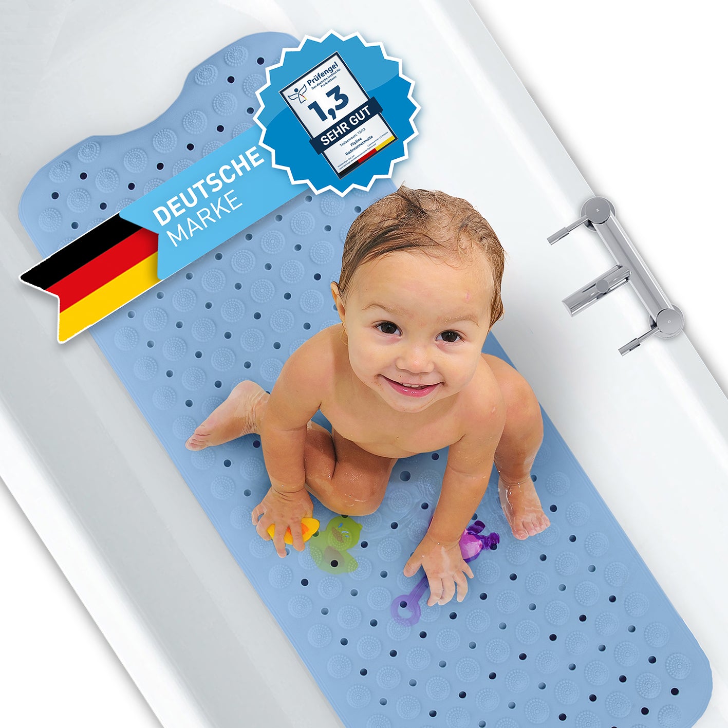 Badewannenmatte - Blau - 100 x 40 cm, rutschfest und BPA-frei, mit Saugnoppen für sicheren Halt in der Badewanne.