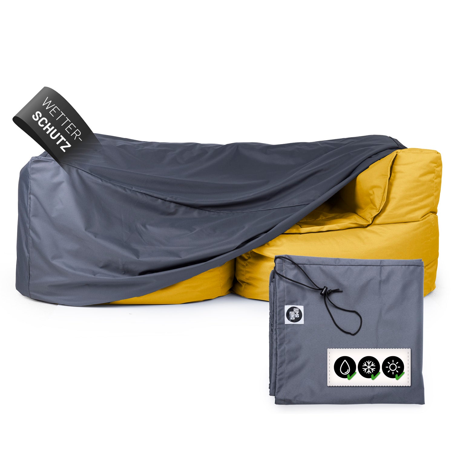 Wetterschutzhaube für 2 Modulare Elemente - 165 x 85 x 75 cm, wasserabweisend, robust mit Kordelzug und UV-Schutz für Outdoorsitzmöbel.