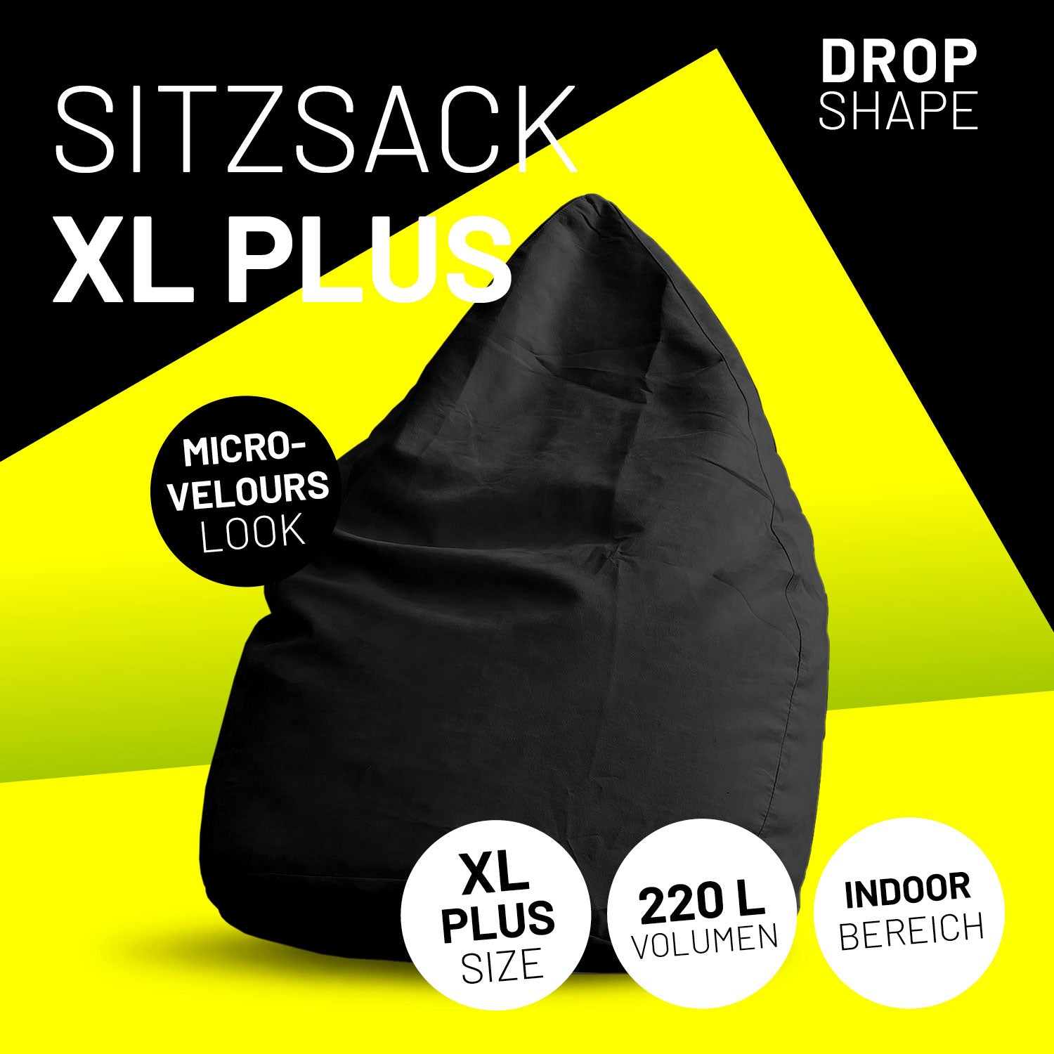 Luxury XL PLUS Sitzsack (220 L) in Schwarz, mit Micro-Velours Look, für den Indoor-Bereich, Drop Shape Design, 220 Liter Volumen.