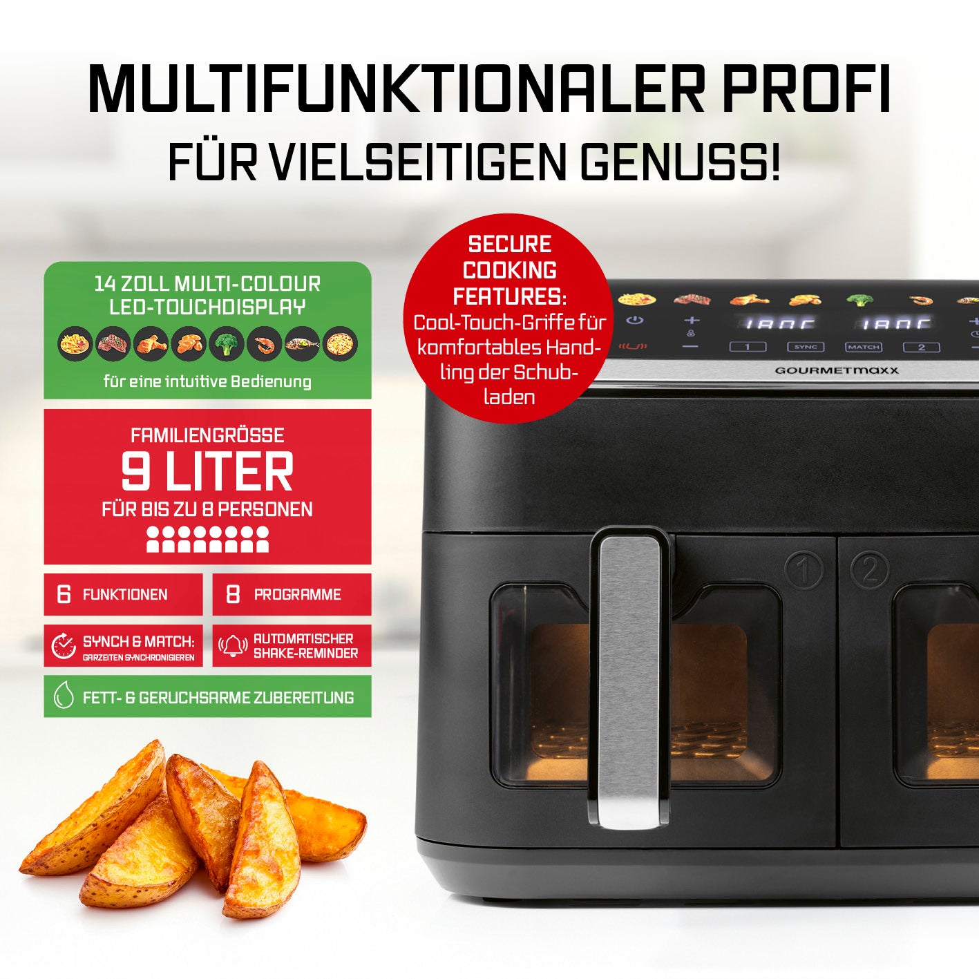Doppelkammer-Heißluftfritteuse - 9 Liter mit 14" Touchscreen, 2 Kammern, 6 Funktionen, 8 Programme, fettarmes Frittieren für bis zu 8 Personen.