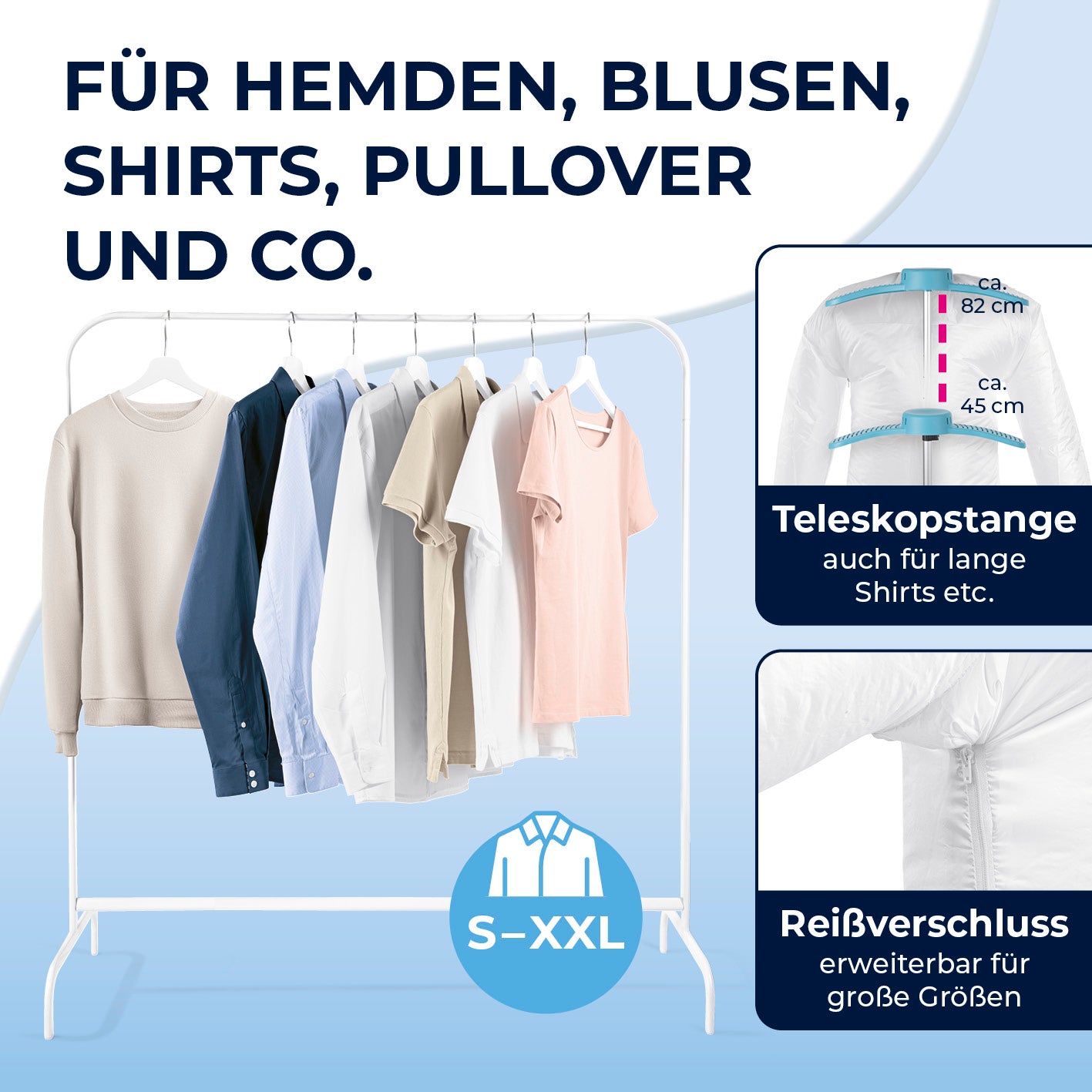 Hemdenbügler PRO - Blau mit Teleskopstange und Reißverschluss für schonendes Trocknen und Bügeln von Hemden bis Größe XXL.