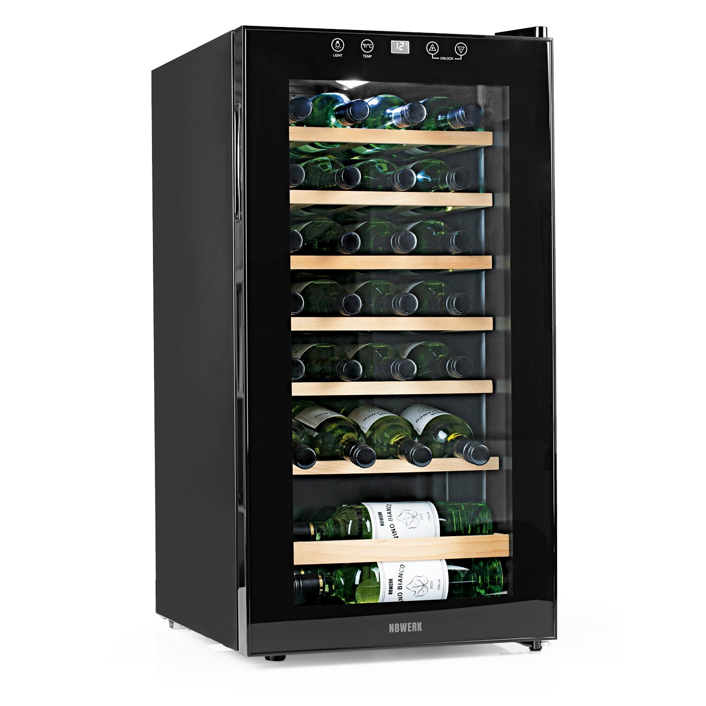 Weinkühlschrank - 28 Flaschen mit LED-Beleuchtung, leise Kompressor-Kühlung und Temperatur von 4 bis 18 °C, freistehend und stilvoll.