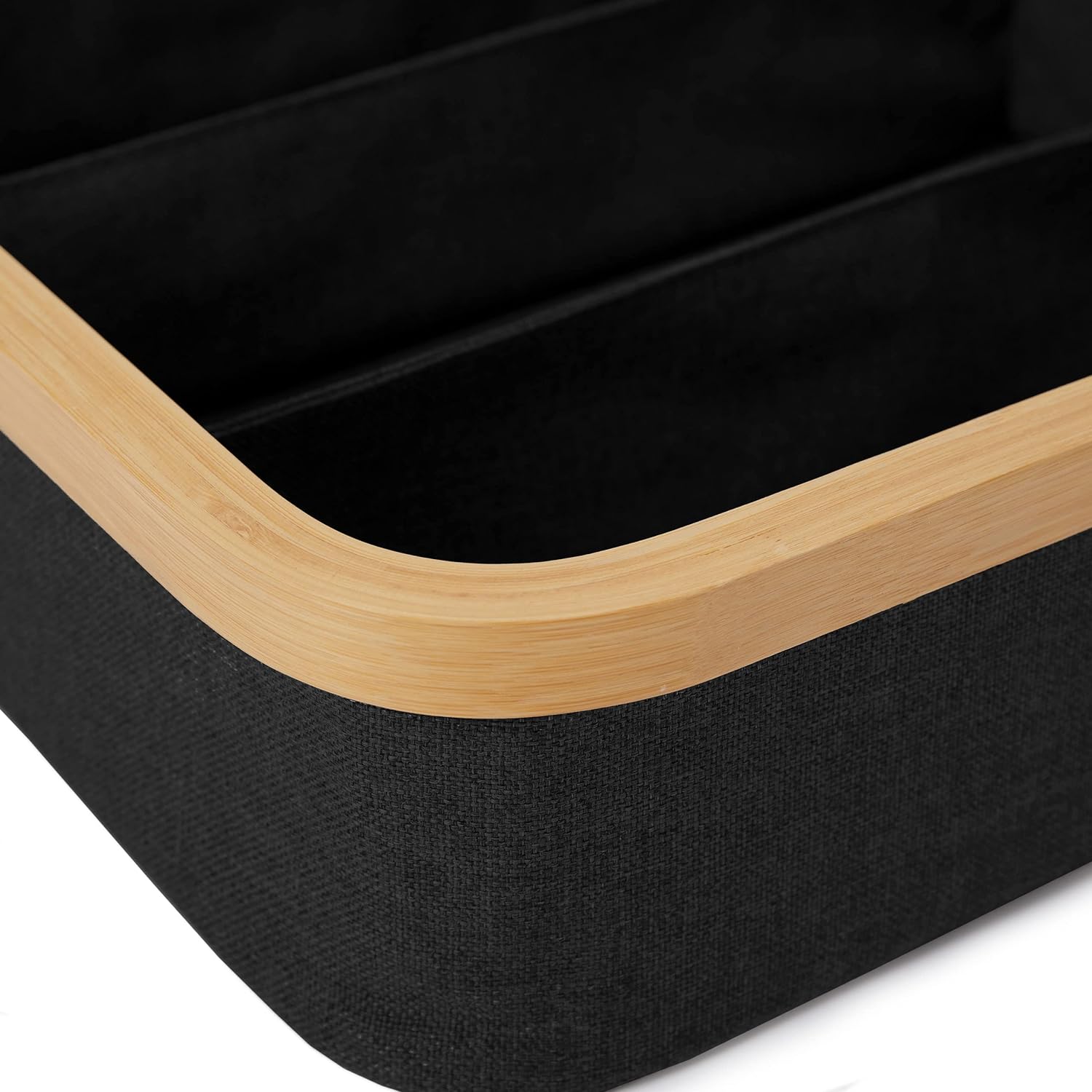 Organizer mit Bambus-Rahmen - 3er-Set - Anthrazit, quadratische Aufbewahrungsbox mit stabilem Bambusrahmen und verschiedenen Facheinteilungen.