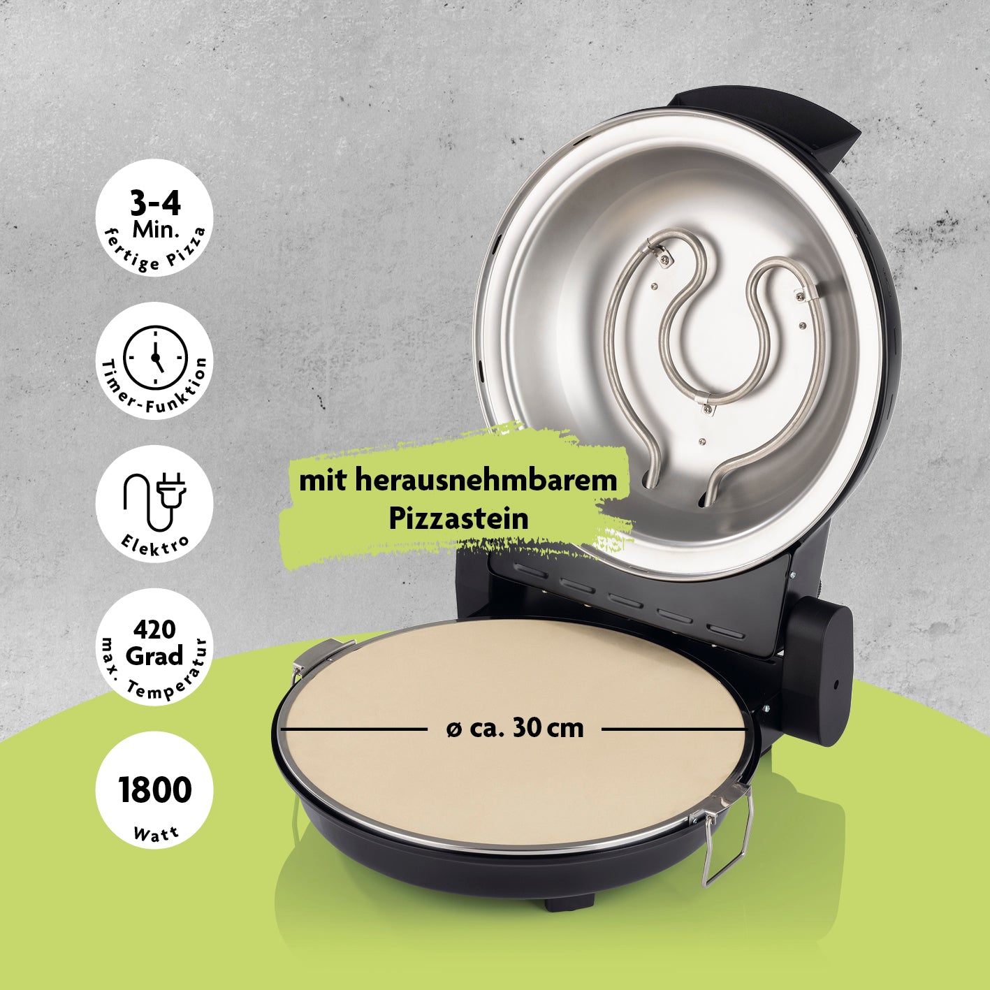 Pizza Maker mit Temperatureinstellung inkl. herausnehmbarem Pizzastein in schwarz matt, 30 cm Durchmesser, 420 Grad, 1800 Watt.