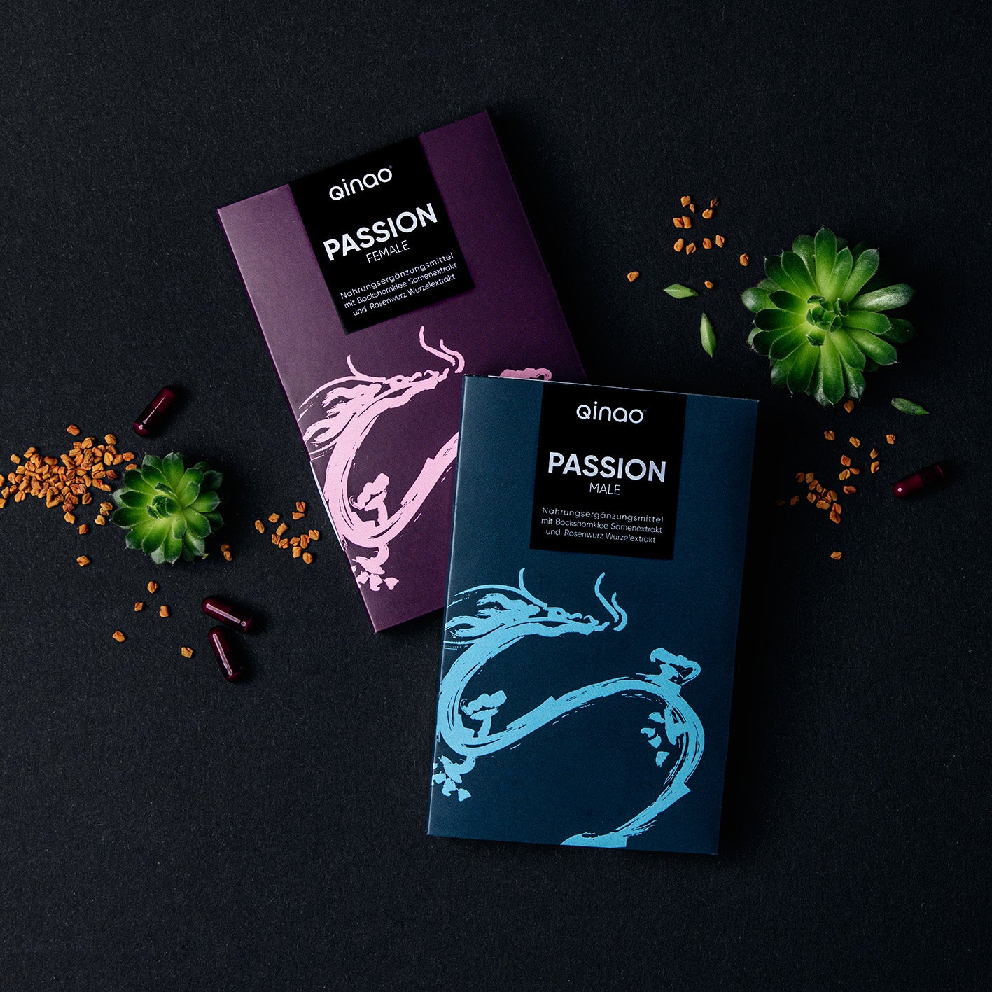 Nahrungsergänzungsmittel PASSION FEMALE & MALE - 2er-Set mit Bockshornklee, Rosenwurz, Magnesium, Zink, Vitamin B6, vegan und zuckerfrei.