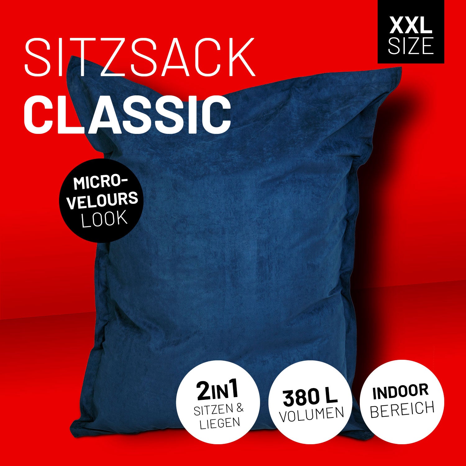 XXL Microvelours Sitzsack (380 L) in Dunkelblau, wasserfest, 2in1 Sitzen & Liegen, ideal für Indoor-Bereich, bequeme Relax-Alternative.