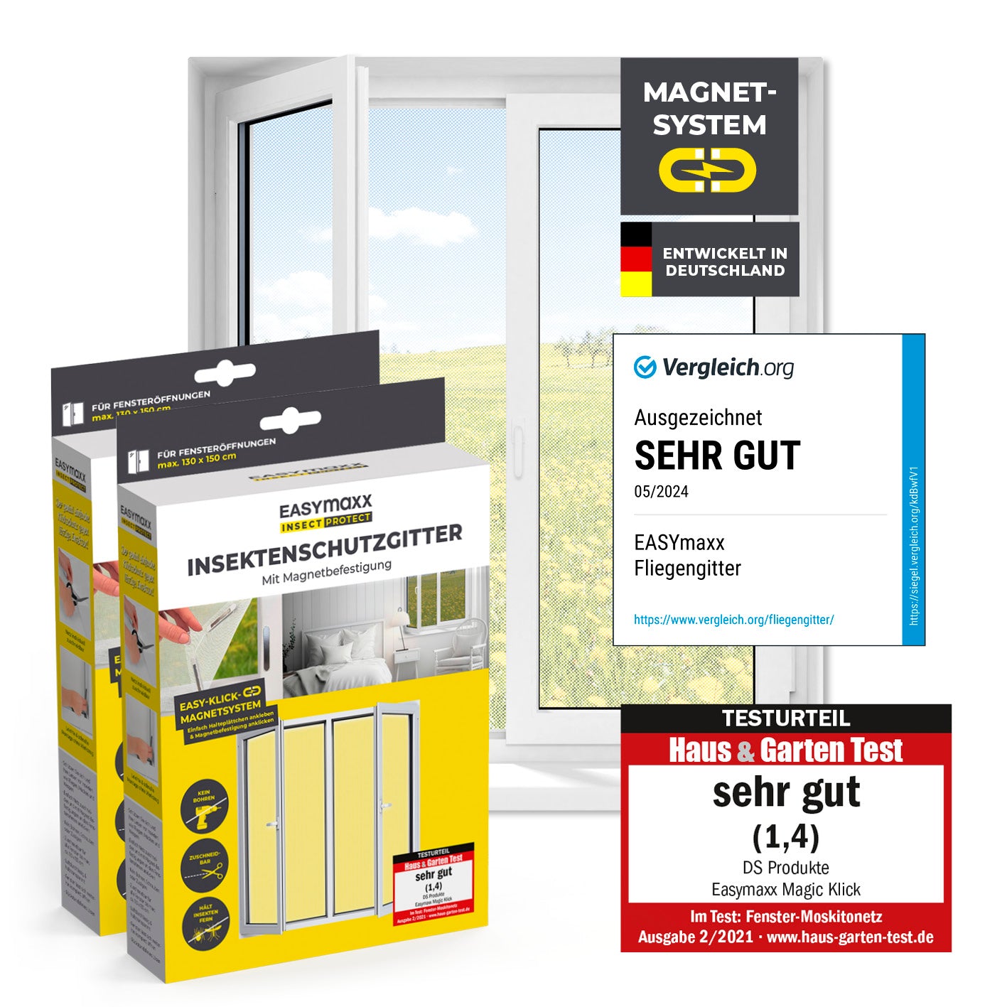 Insektenschutzgitter mit Magnetbefestigung - 2er-Set - 150 x 180 cm - Weiß für einfache Montage und effektiven Insektenschutz am Fenster.