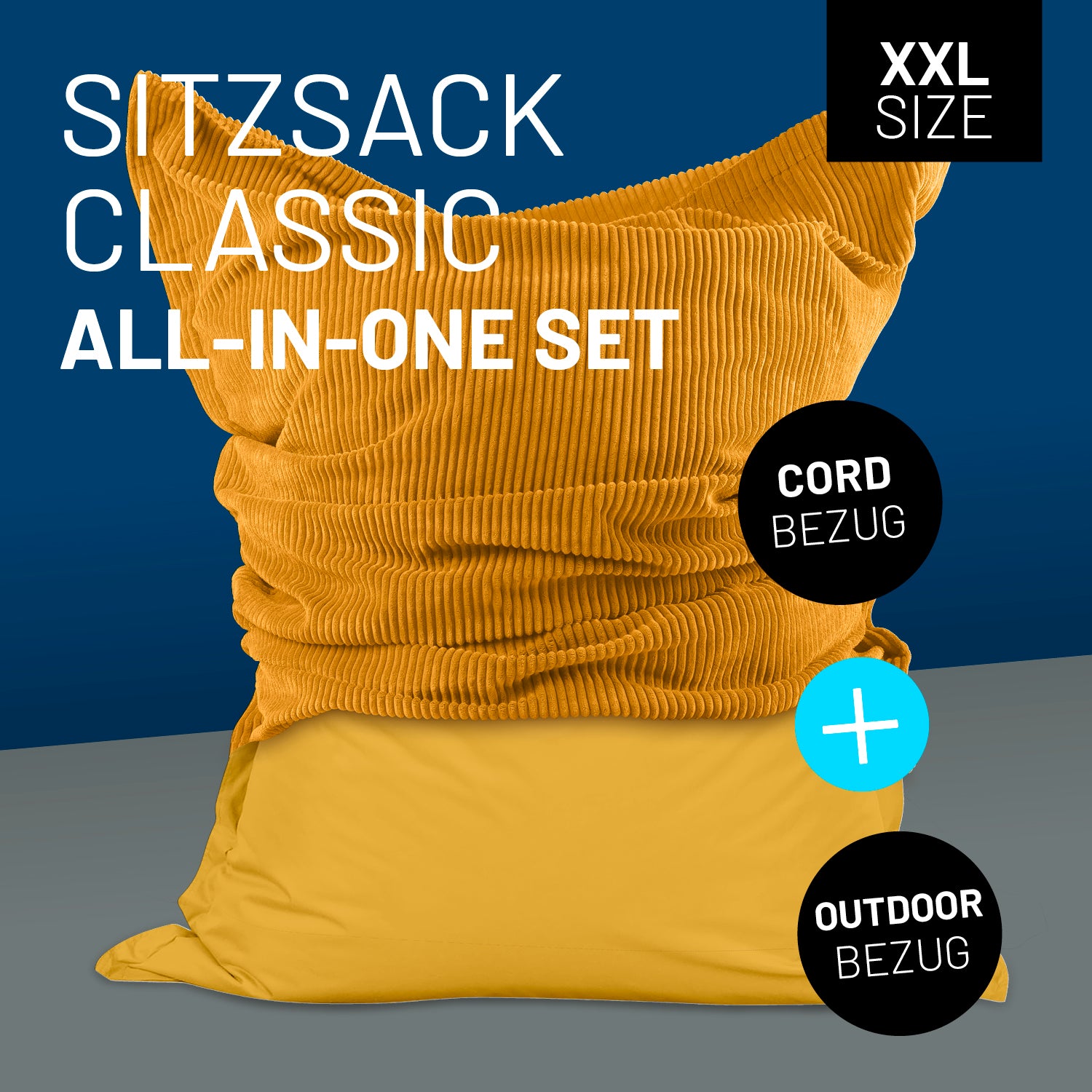 Sitzsack Classic XXL All-in-One Set - 380 L - Cord Indoor- und wetterfester Outdoor-Bezug in Senfgelb, 140 x 180 cm groß.