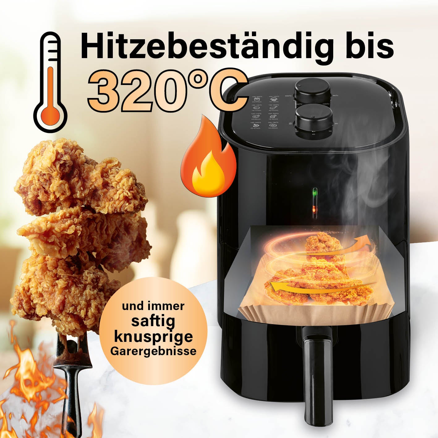 Backpapierschalen für Heißluftfritteusen (5–8 l) hitzebeständig bis 320°C mit Antihaftbeschichtung für fettfreie, saubere Zubereitung.