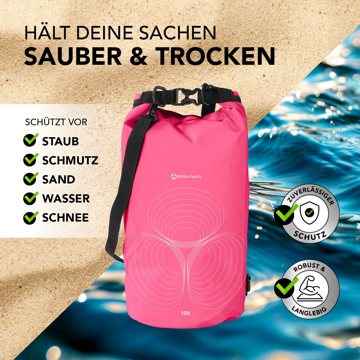 Dry Bag 10L - Pink, wasserdichter, robuster Outdoor-Rucksack schützt vor Staub, Schmutz, Sand, Wasser und Schnee.