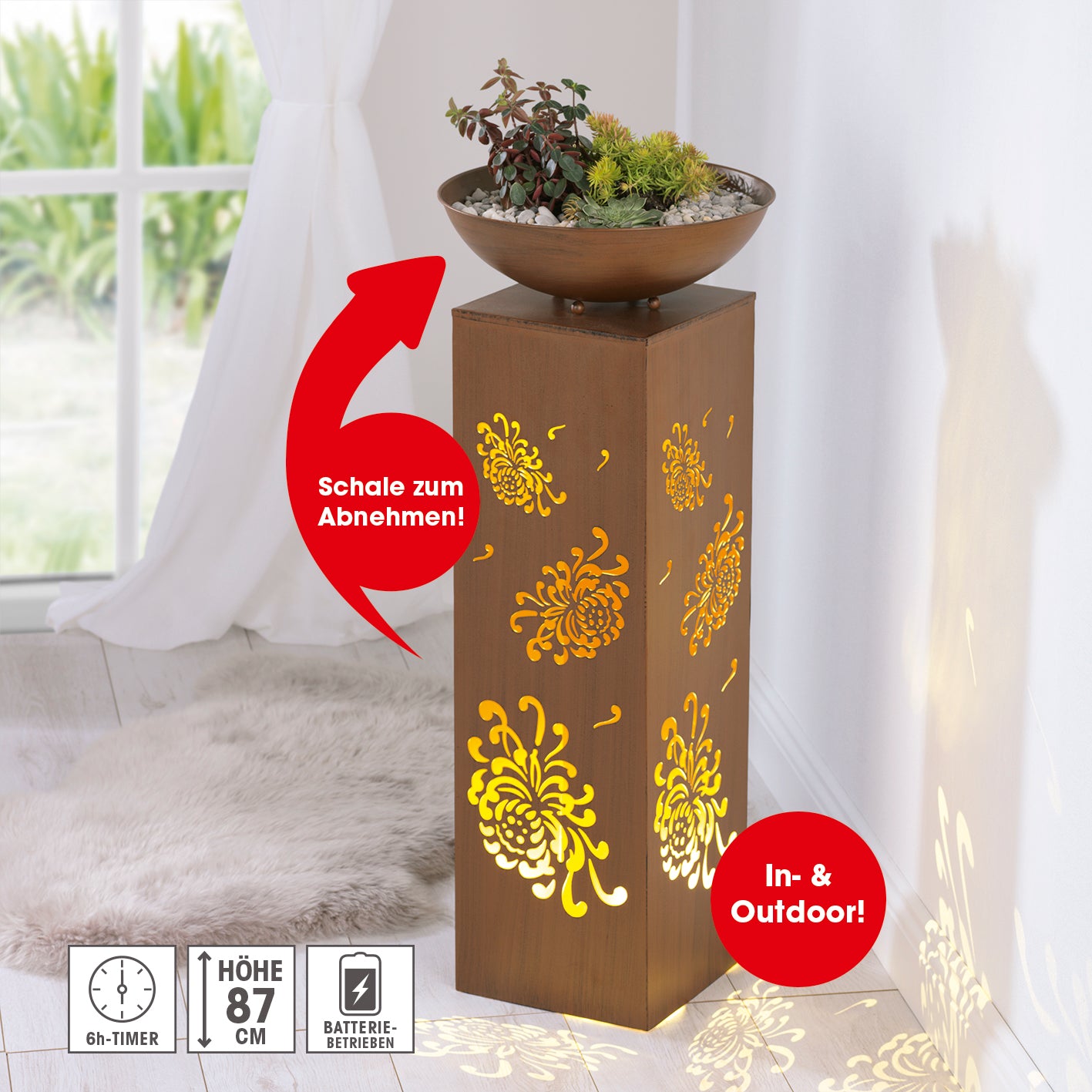 LED-Dekosäule mit Planzschale Rost-Optik "Bauernrose" - 87 cm, batteriebetrieben, LED-Beleuchtung, abnehmbare Pflanzschale, Indoor und Outdoor.