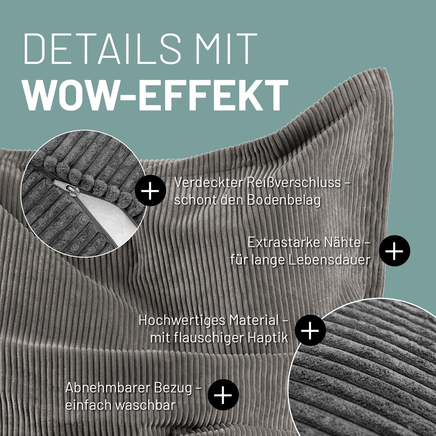 Sitzsack Classic XXL aus der LUMALAND Cord-Reihe - 380 L - 140 x 180 cm - Grau mit verdecktem Reißverschluss und abnehmbarem Bezug
