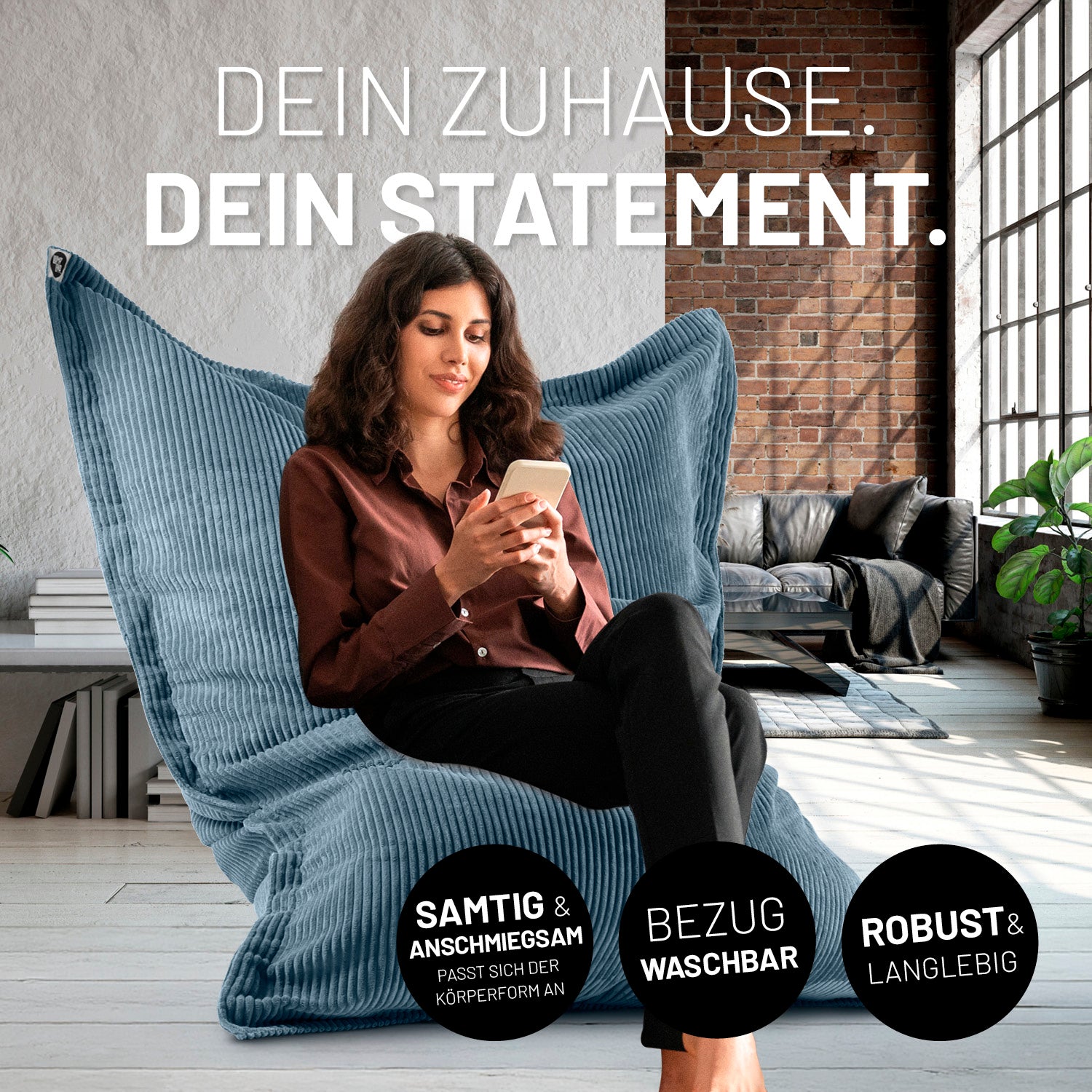 Sitzsack Classic XXL aus der LUMALAND Cord-Reihe - 380 L - 140 x 180 cm - Blau mit kuscheligem Cord-Bezug und robustem Design für Zuhause