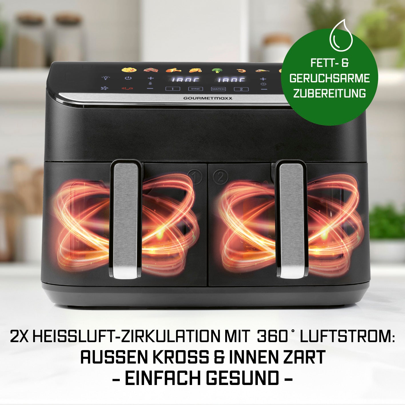 Doppelkammer-Heißluftfritteuse - 9 Liter mit 2 Kammern, 360° Heißluftzirkulation und fettarmer Zubereitung für gesunde Speisen.