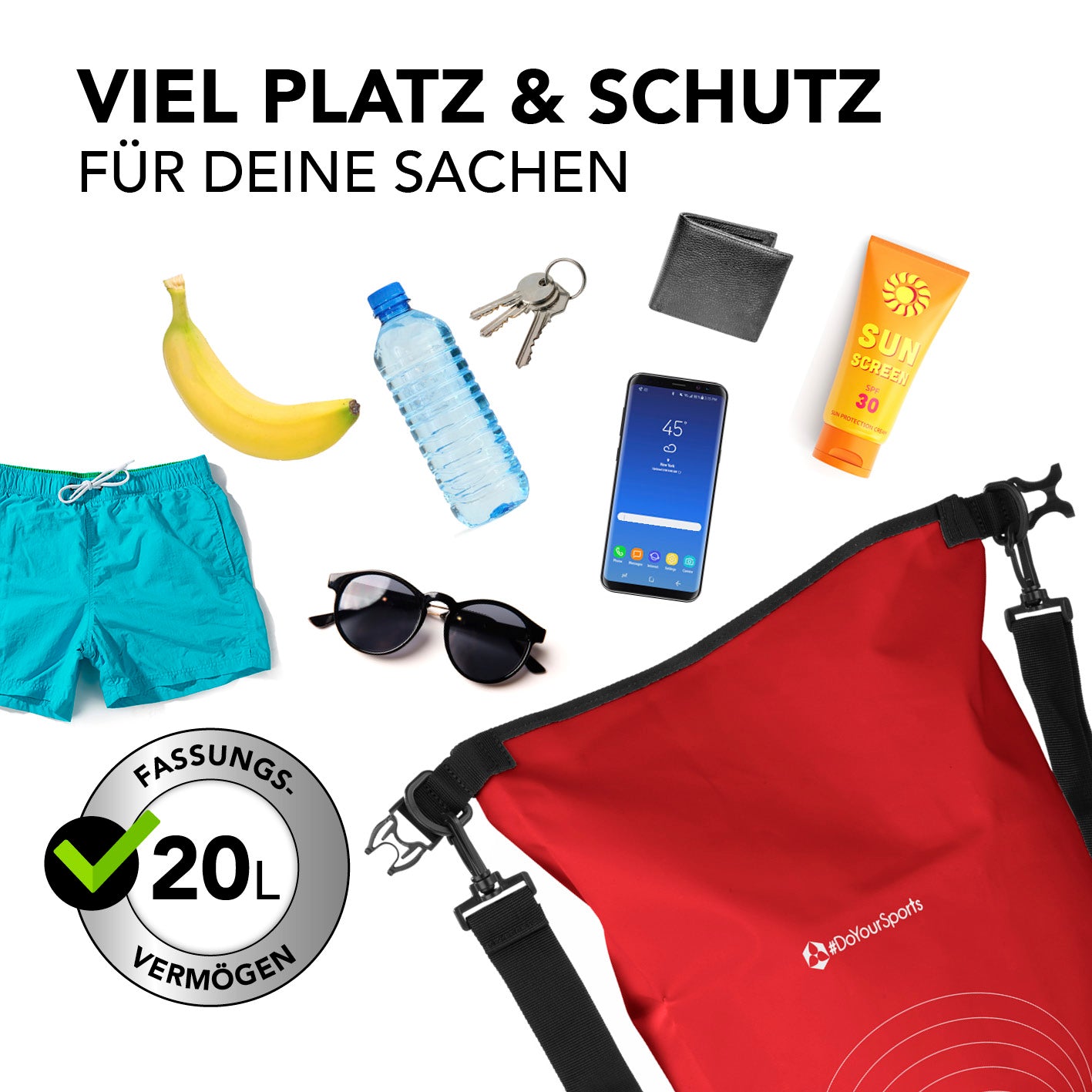 Dry Bag 20L - Rot wasserdichter, robuster Outdoor-Rucksack mit verstellbarem Schultergurt und UV-Schutz für sicheres Verstauen von Wertsachen.