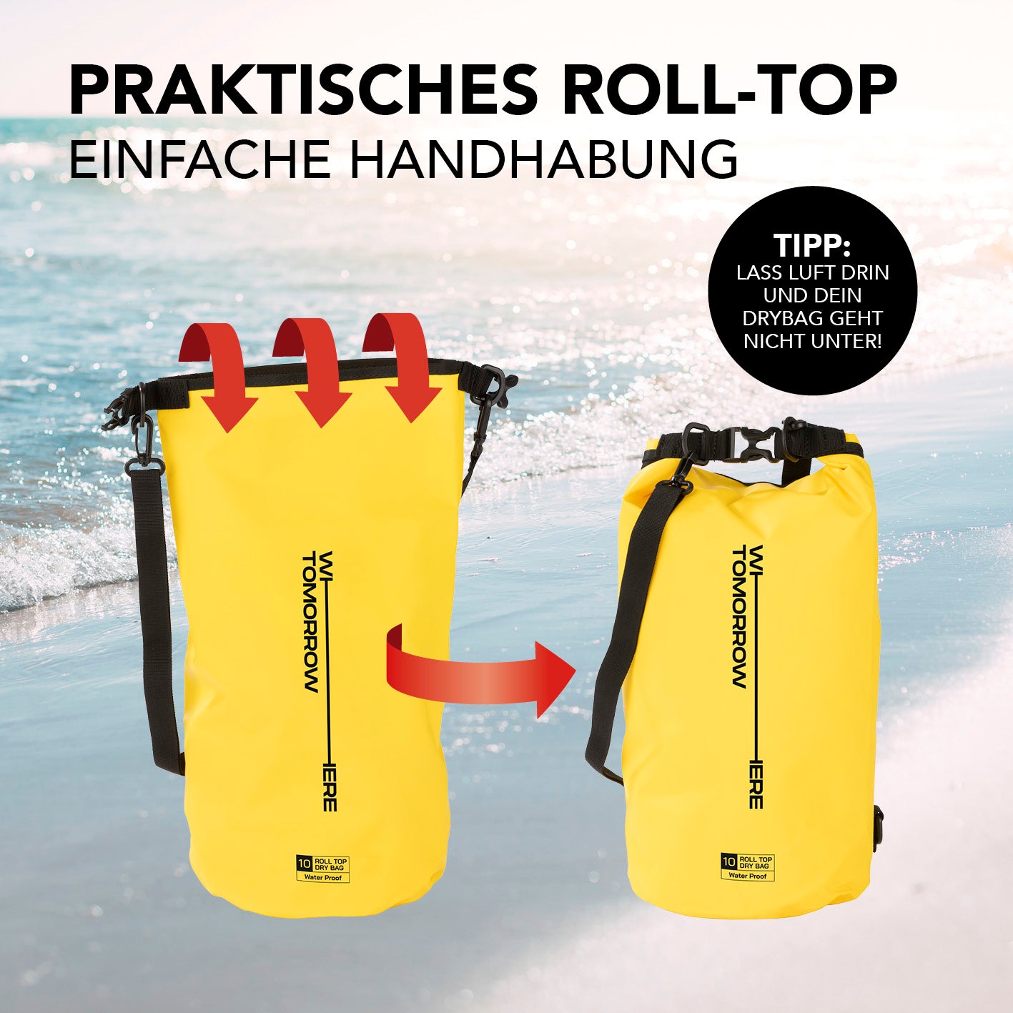 Dry Bag 10L - Style 02 - Gelb mit wasserdichtem Rolltop-Verschluss und verstellbarem Schultergurt für Outdoor-Abenteuer.