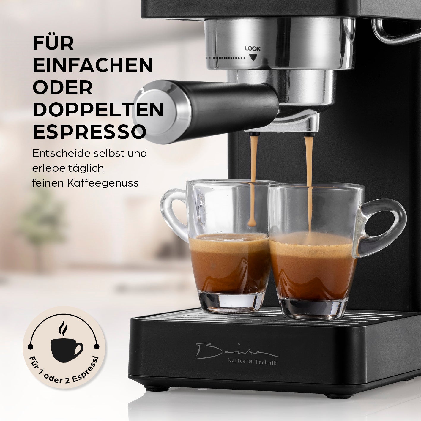 Siebträgermaschine Espresso Slim - 20 bar bereitet einfachen oder doppelten Espresso mit zwei Tassen gleichzeitig zu.