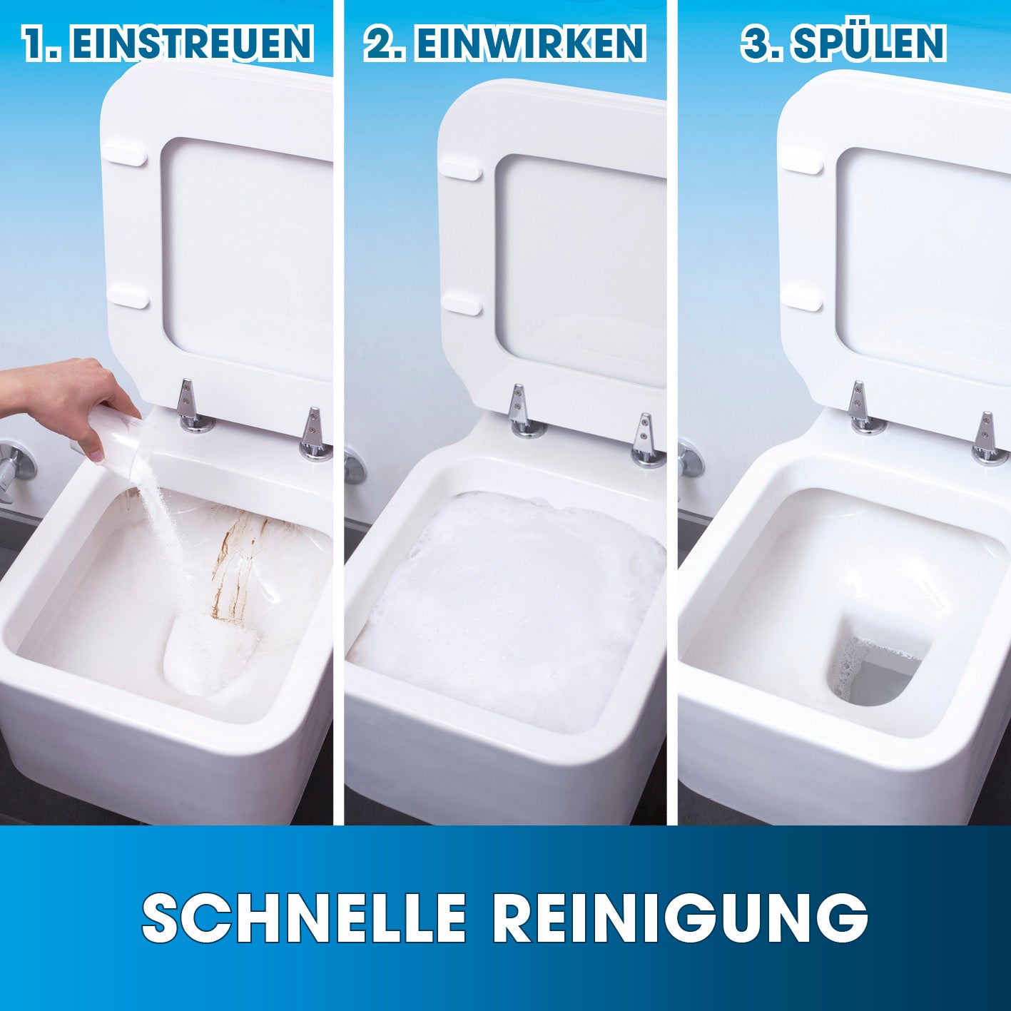 WC-Intensivschaum - 1,5 kg zeigt schnelle Reinigung von Toilette mit Einstreuen, Einwirken und Spülen für hygienische Sauberkeit.