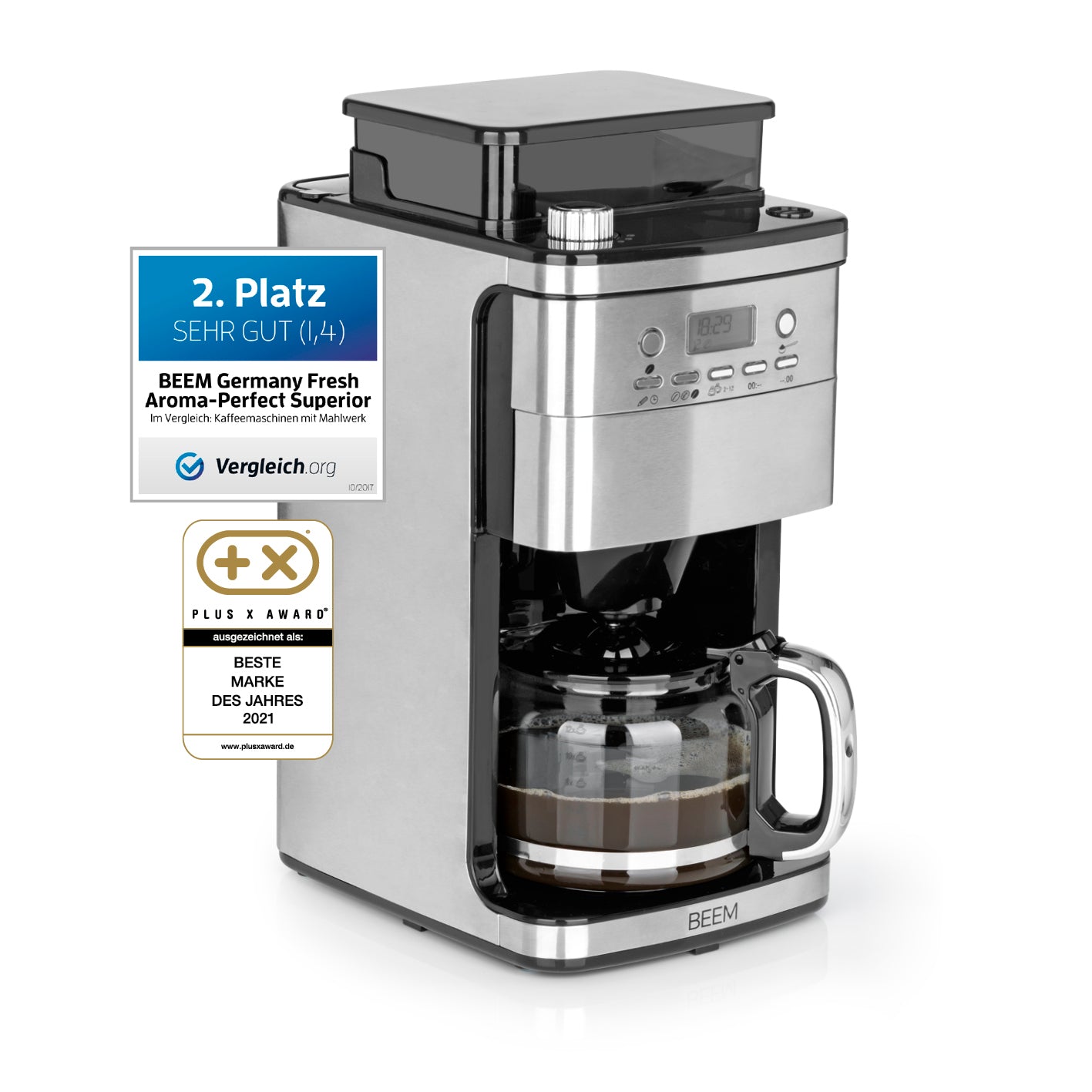 FRESH-AROMA-PERFECT SUPERIOR Filterkaffeemaschine mit Mahlwerk, 1,5 l Glaskanne, 28-stufige Mahlgradeinstellung, Digitalanzeige, Timer.