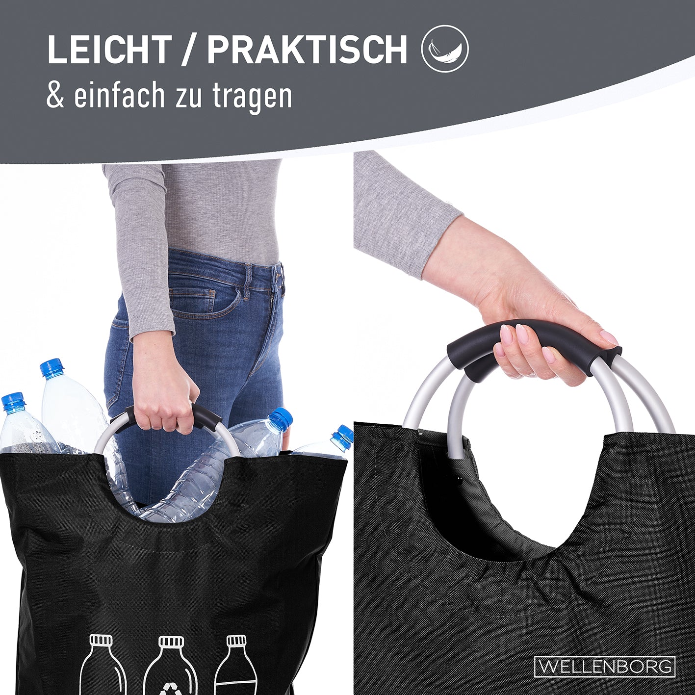 Faltbarer Pfandflaschen Sammelbehälter - Grau mit Tragegriffen, leicht und praktisch für Flaschen und Dosen bis 82 Liter Volumen.