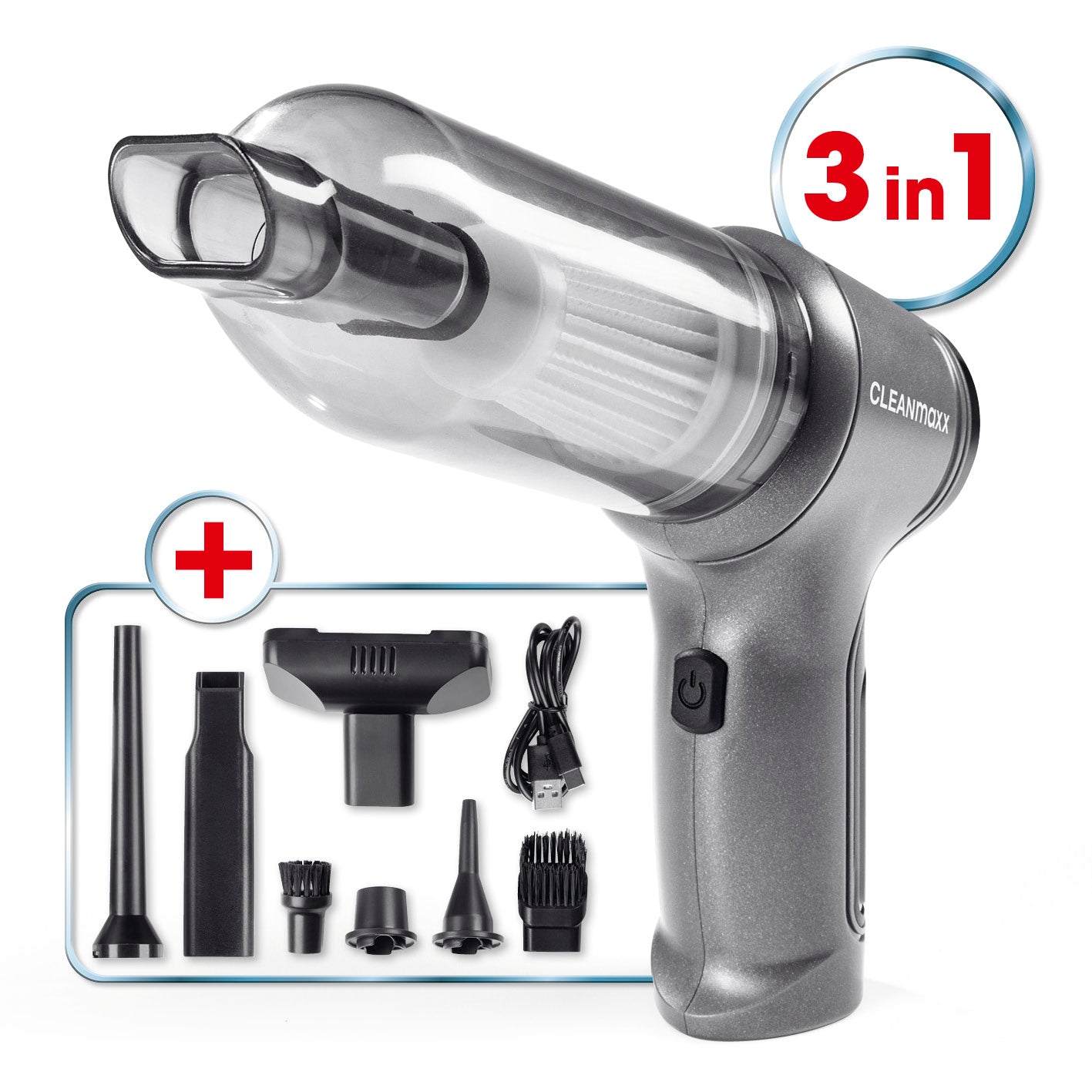 3-in-1-Akkusauger von CLEANmaxx mit vielseitigem Zubehör, kabellos, 20 Min Saugleistung, ideal für Haushalt und Auto.