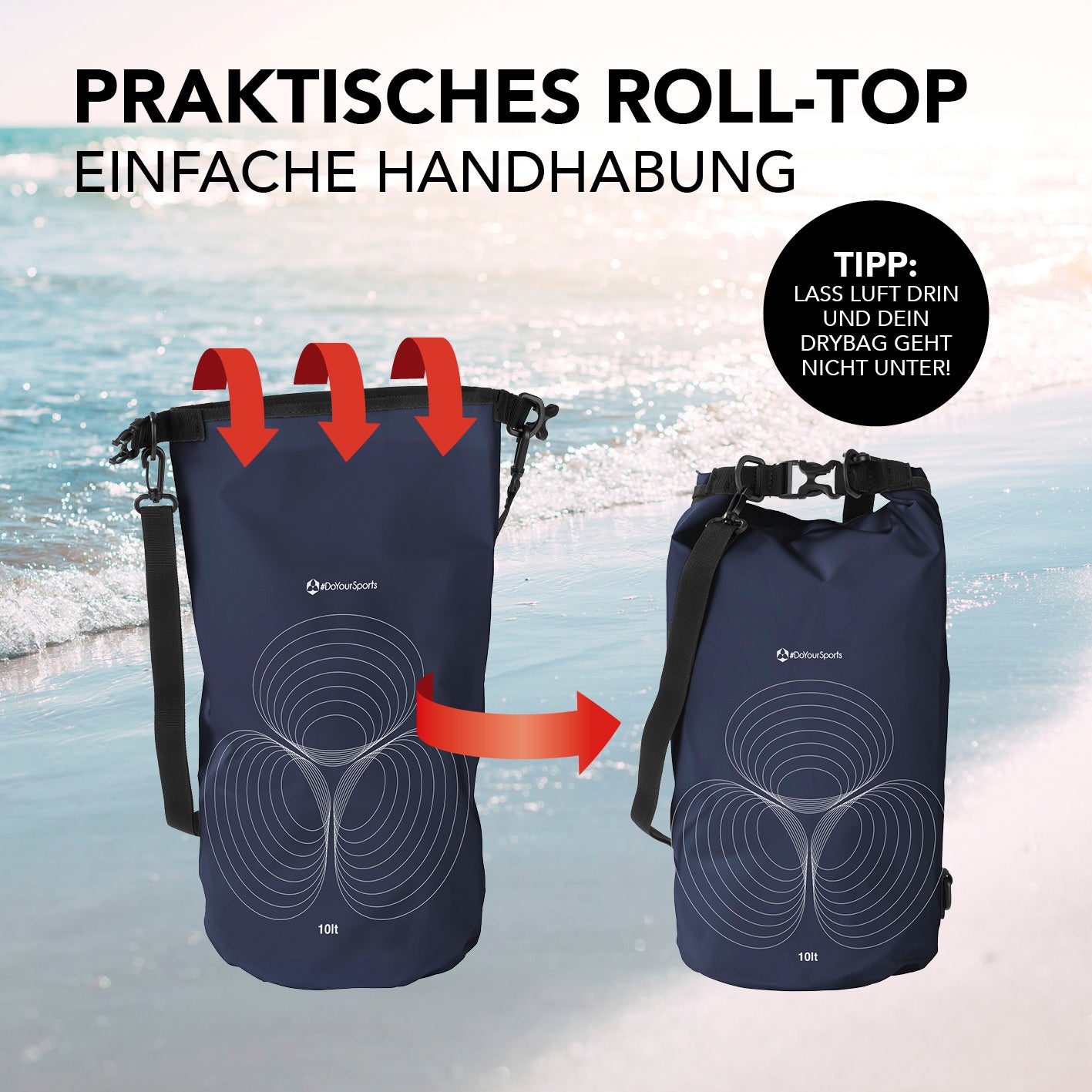 Dry Bag 10L - Dunkelblau mit wasserdichtem Rolltop-Verschluss und verstellbarem Schultergurt für Outdoor-Abenteuer.