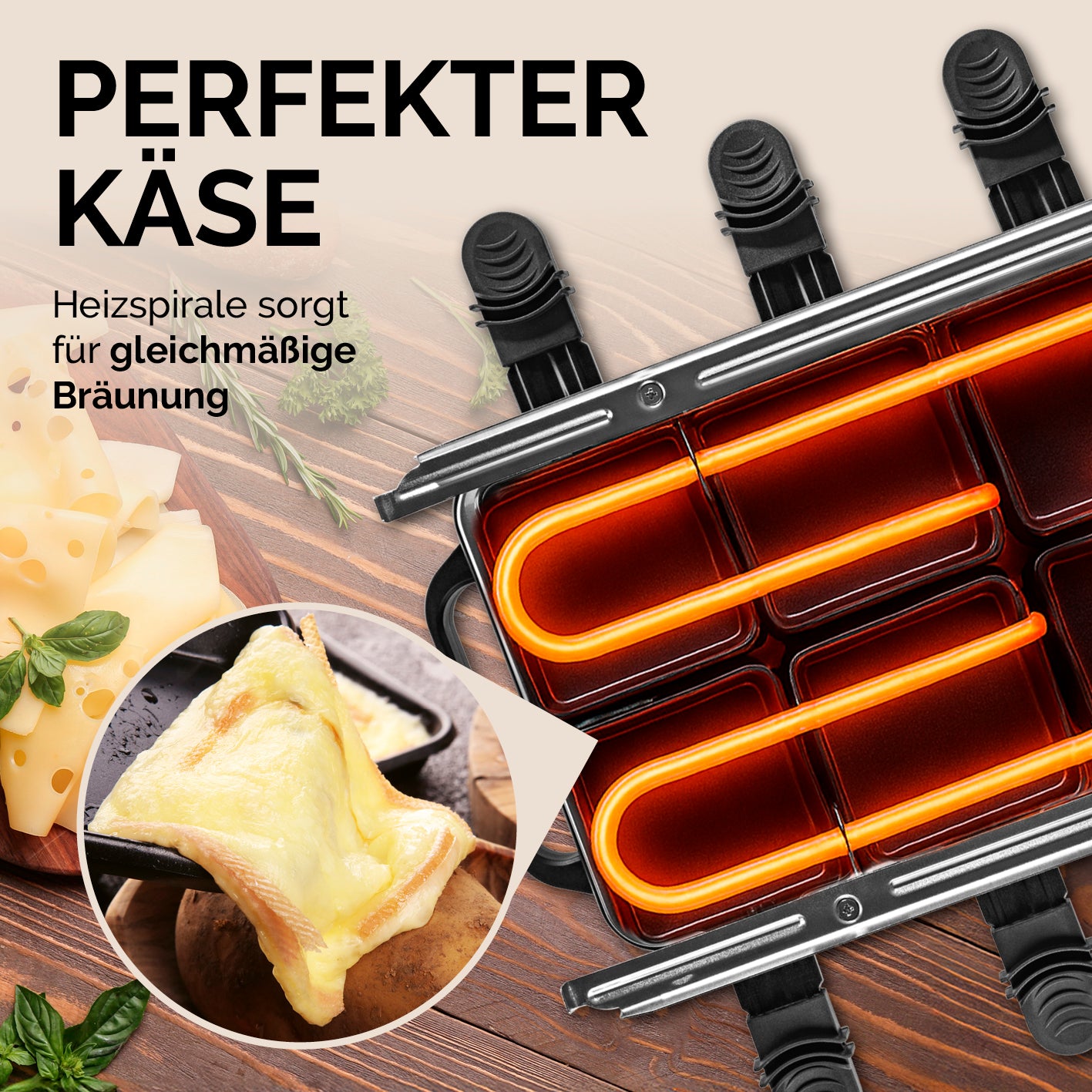 Raclettegrill - 8 Personen mit Heizspirale für gleichmäßige Bräunung und perfektem Käsegenuss bei Tisch für 8 Personen.