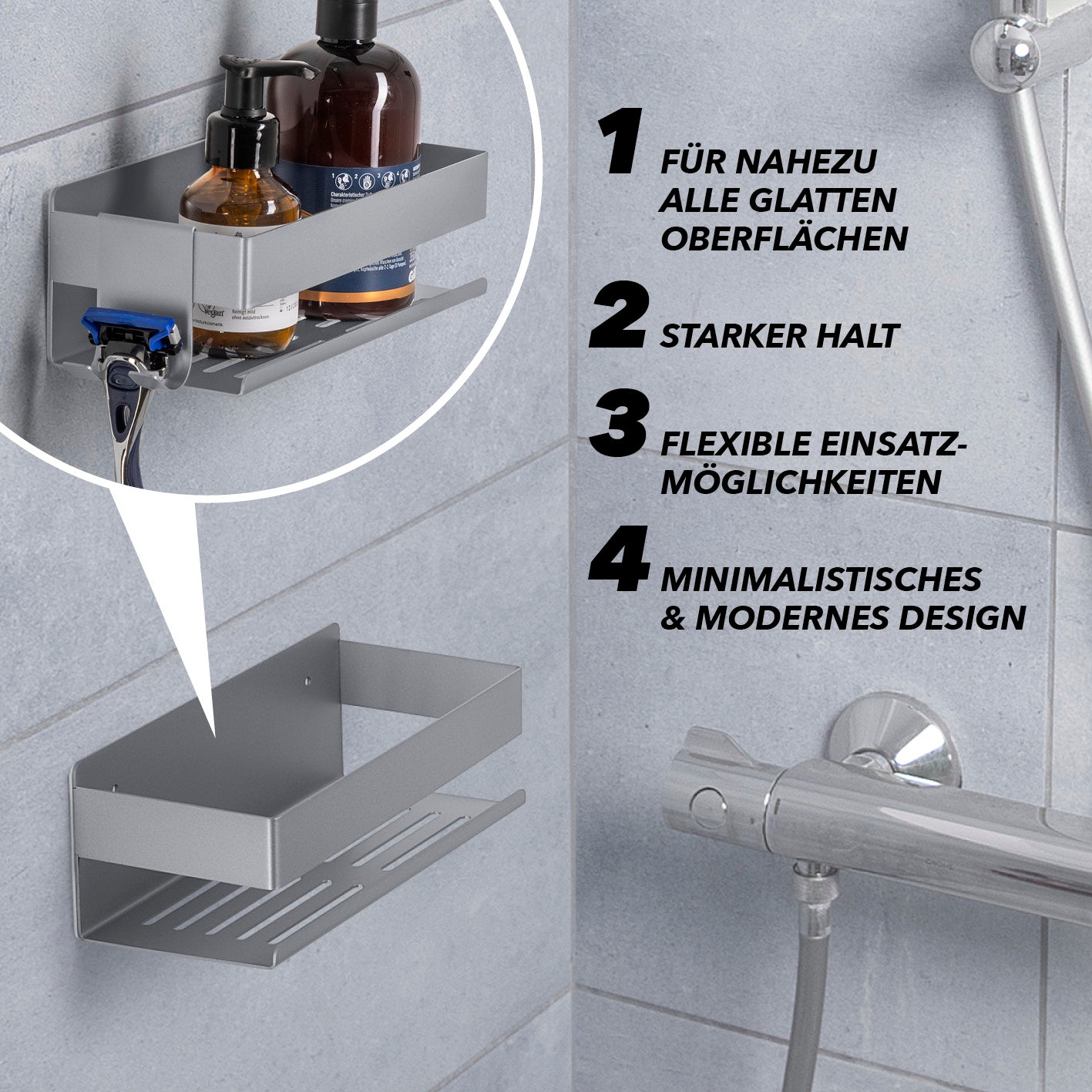 Dusch-Organizer zum Kleben oder Bohren - Silber, Edelstahl, platzsparend, stark haftend, modernes Design für glatte Oberflächen im Bad.