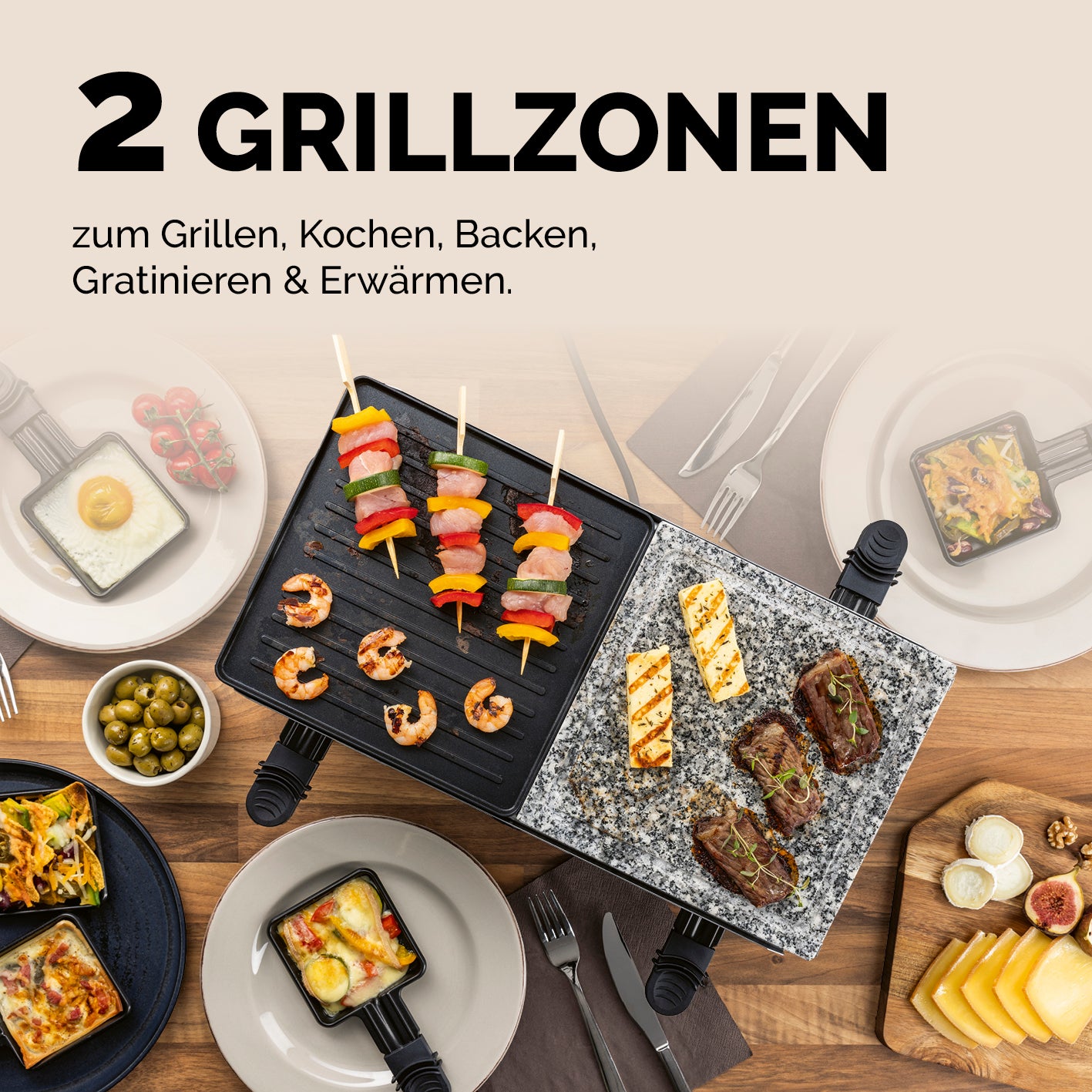 Raclettegrill - 8 Personen mit 2 Grillzonen, Naturstein- und Aluminiumplatte für vielseitiges Grillen und Zubereiten am Tisch.