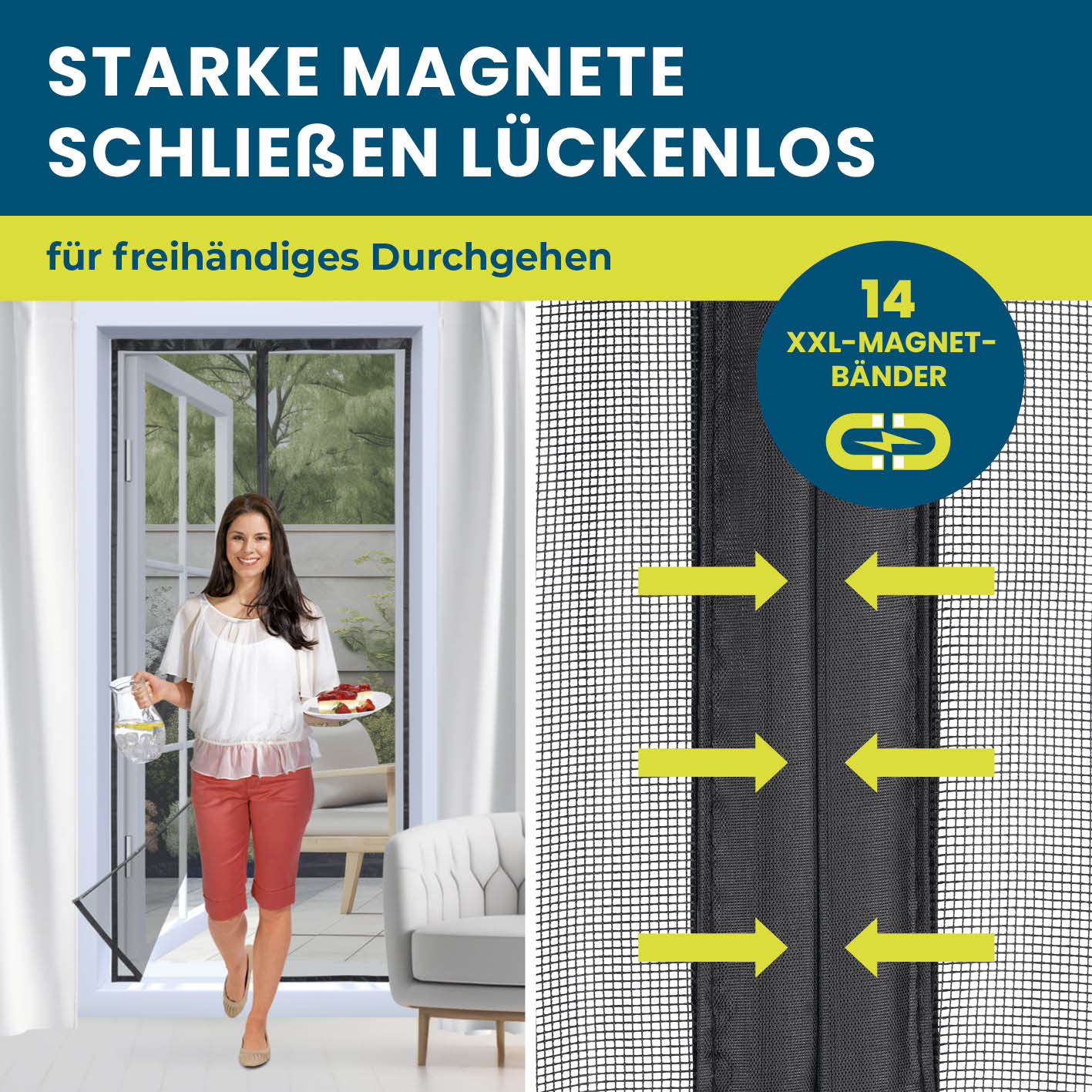 Insekten- & Pollenschutzvorhang – 80 x 210 cm mit 14 Magnetbändern, selbstschließend, für mücken- und pollenfreie Balkon- und Terrassentüren.