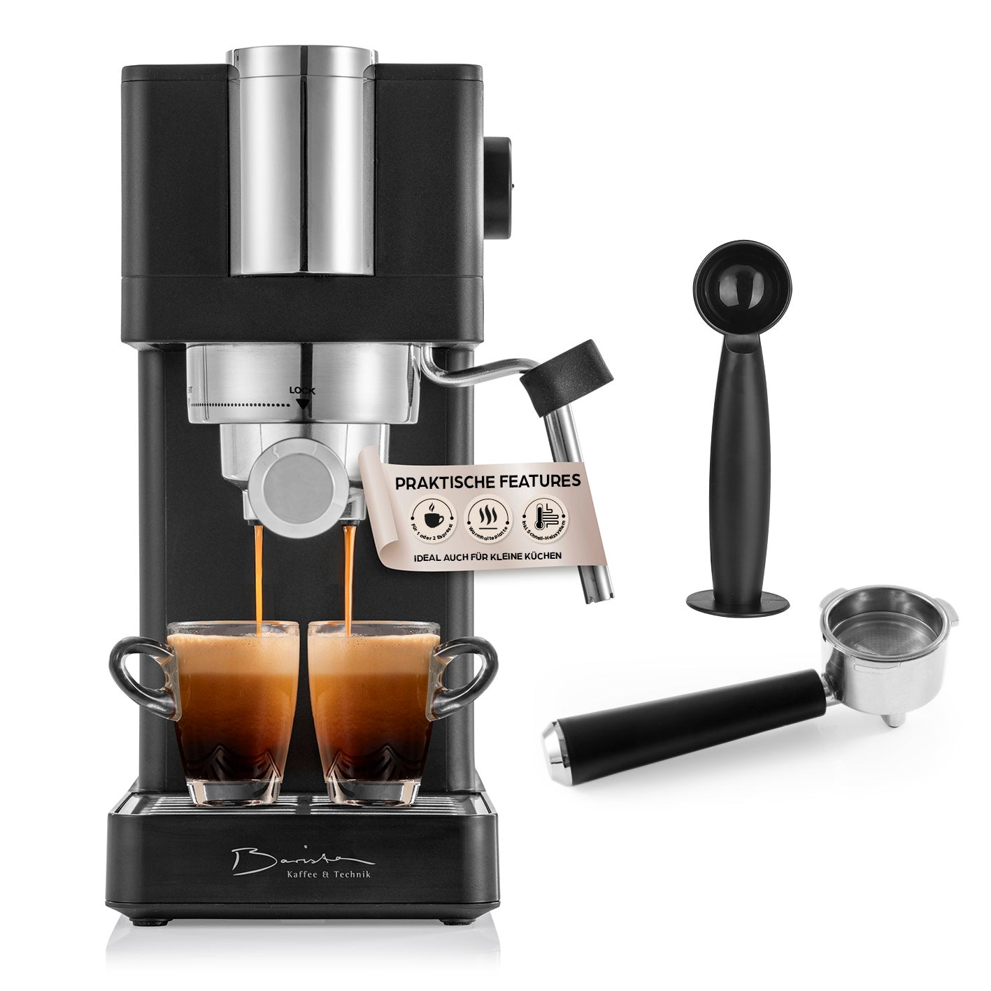 Siebträgermaschine Espresso Slim - 20 bar mit Thermoblock, Milchaufschäumer, Tassenwärmer und Manometer für perfekte Espressos.